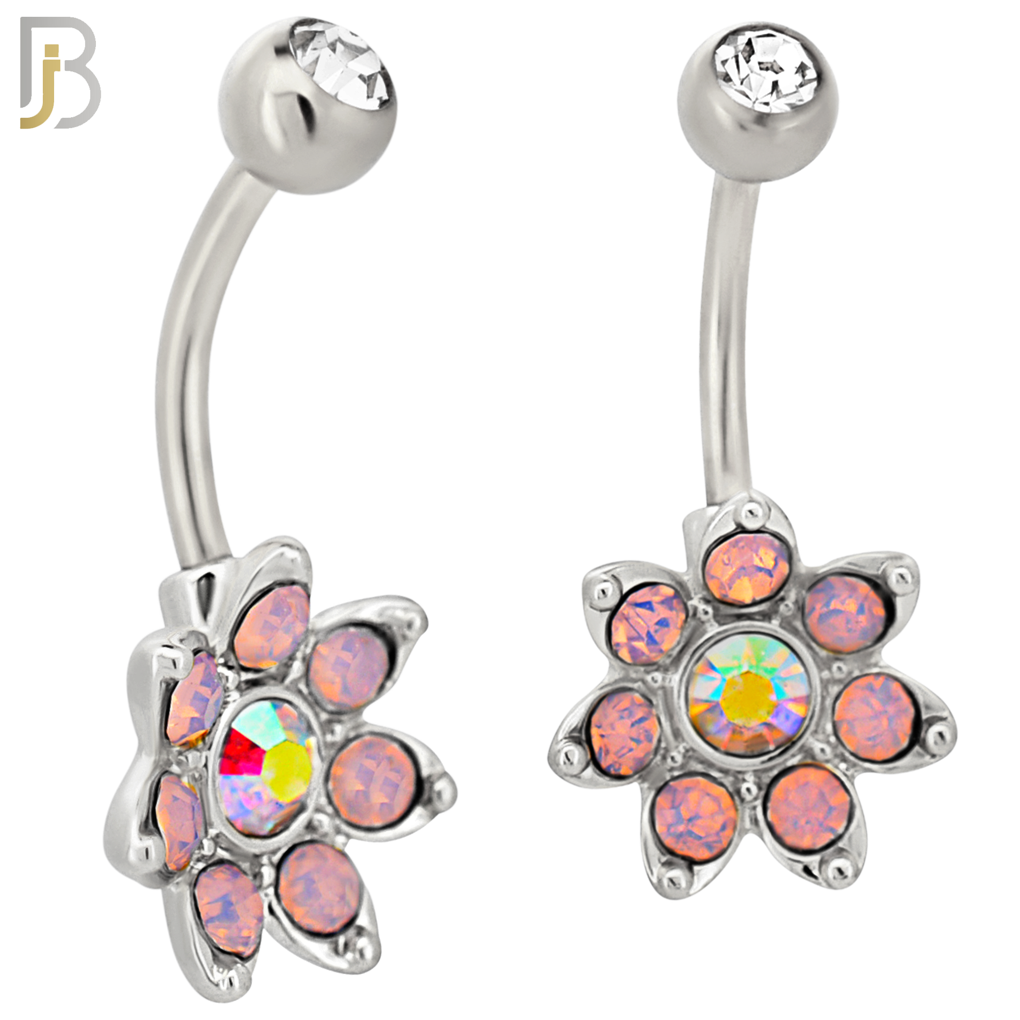 NB92 - 316L Stainless Steel Flower  Design CZ Banana Belly Ring and 5mm Screw Top image 1