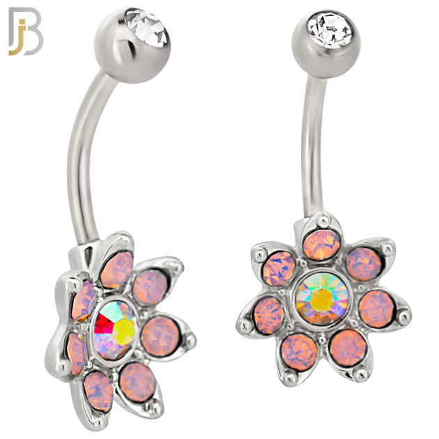 NB92 - 316L Stainless Steel Flower  Design CZ Banana Belly Ring and 5mm Screw Top image 1