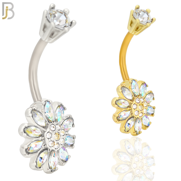 NB35 - 316L Stainless Steel Sunflower Zircon Banana Belly Navel Ring image 0