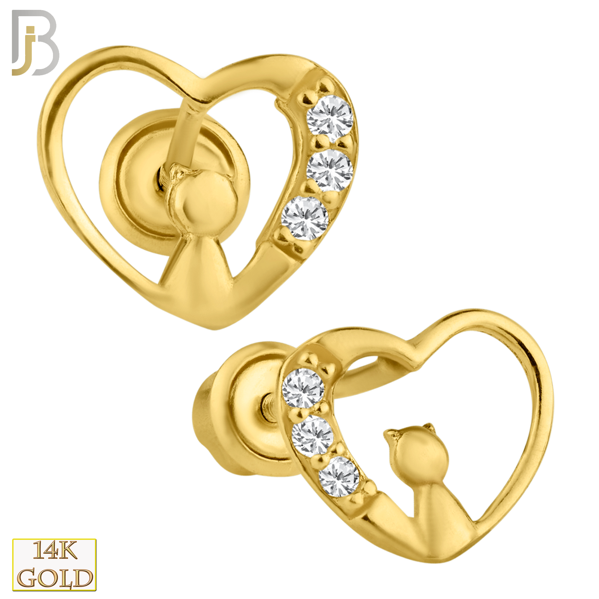 14-ES91 - 14k Solid Gold Cat Silhouette in Hollow Heart with CZ Design Screw Back Stud Earrings image 0