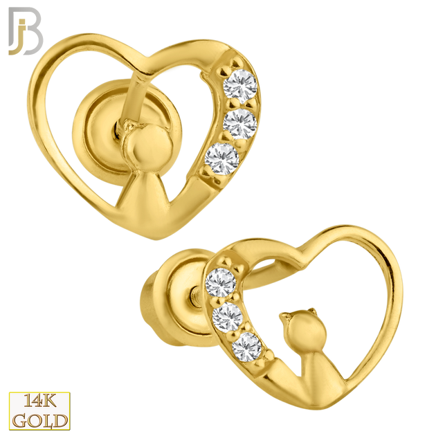 14-ES91 - 14k Solid Gold Cat Silhouette in Hollow Heart with CZ Design Screw Back Stud Earrings image 0