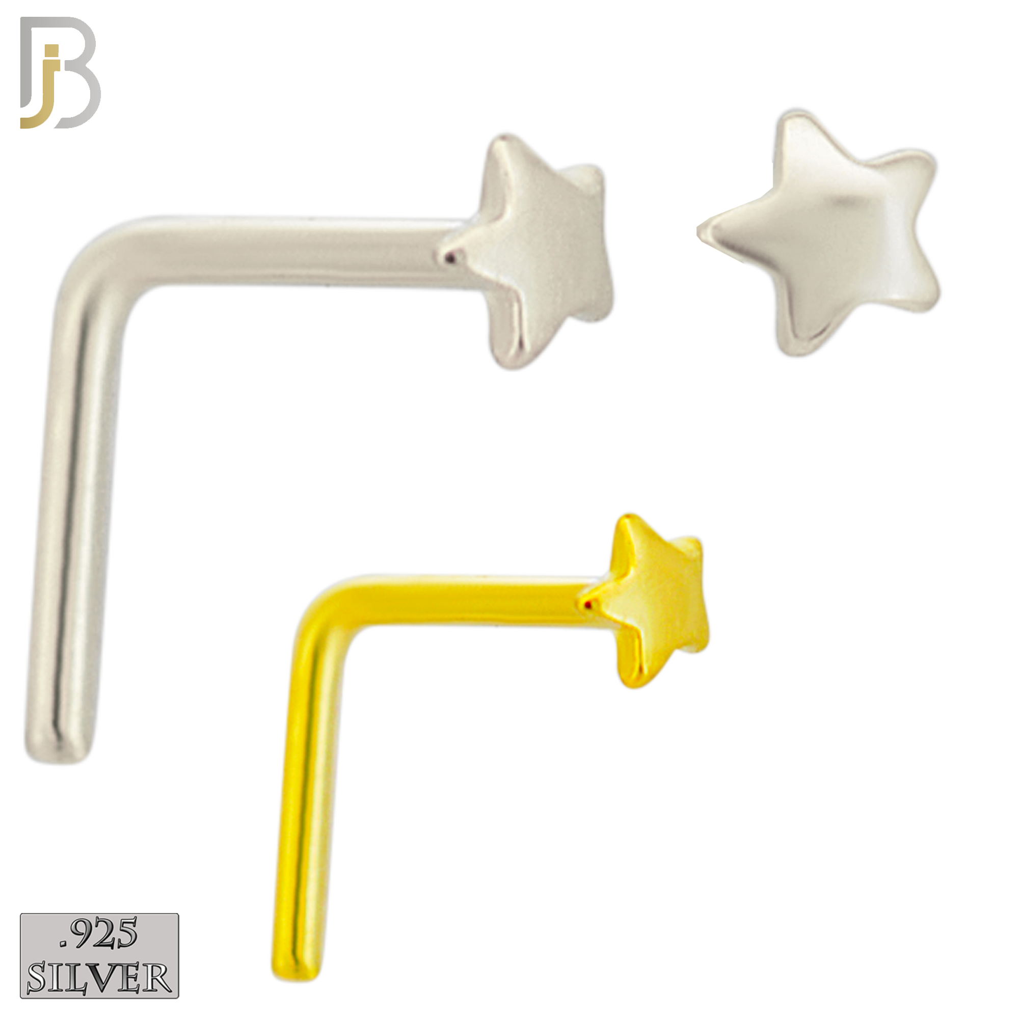 925-NR18LGS - 925 Sterling Silver Curved Star Design L Shape Nose Ring (Pack of 6) - Rhodium Plated and Yellow Gold Plated image