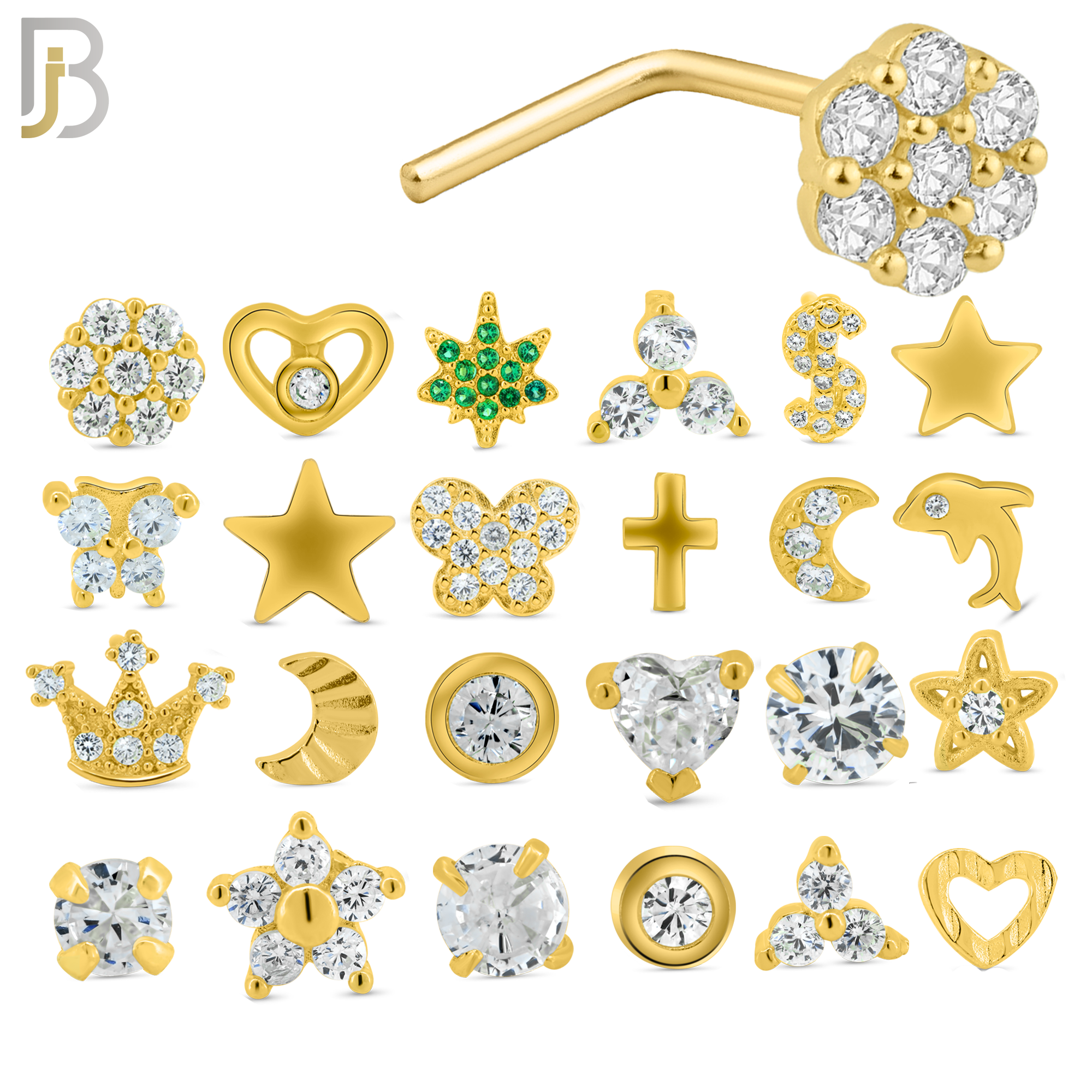 925-PK-NR33YL9 - 925 Sterling Silver L-Shaped Nose Rings with Different Designs - Pack of 120 image 1