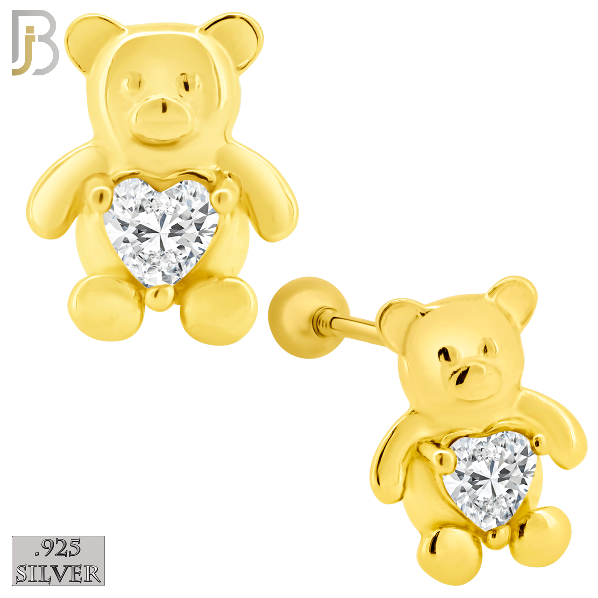 925-ES371 - Screw Ball Back - .925 Sterling Silver Bear with Heart Shaped CZ Stud Earrings image 2