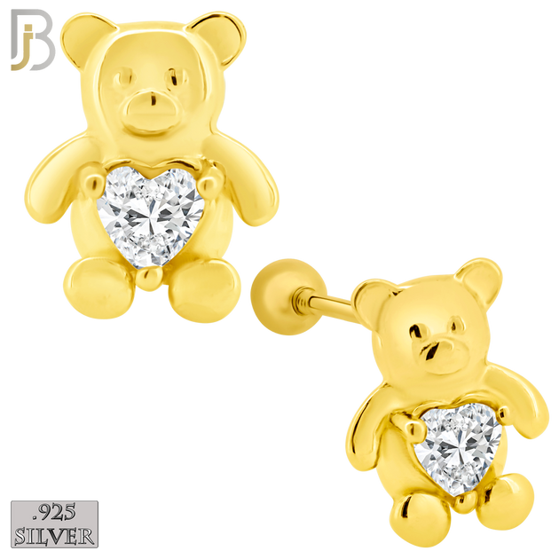925-ES371 - Screw Ball Back - .925 Sterling Silver Bear with Heart Shaped CZ Stud Earrings image 2