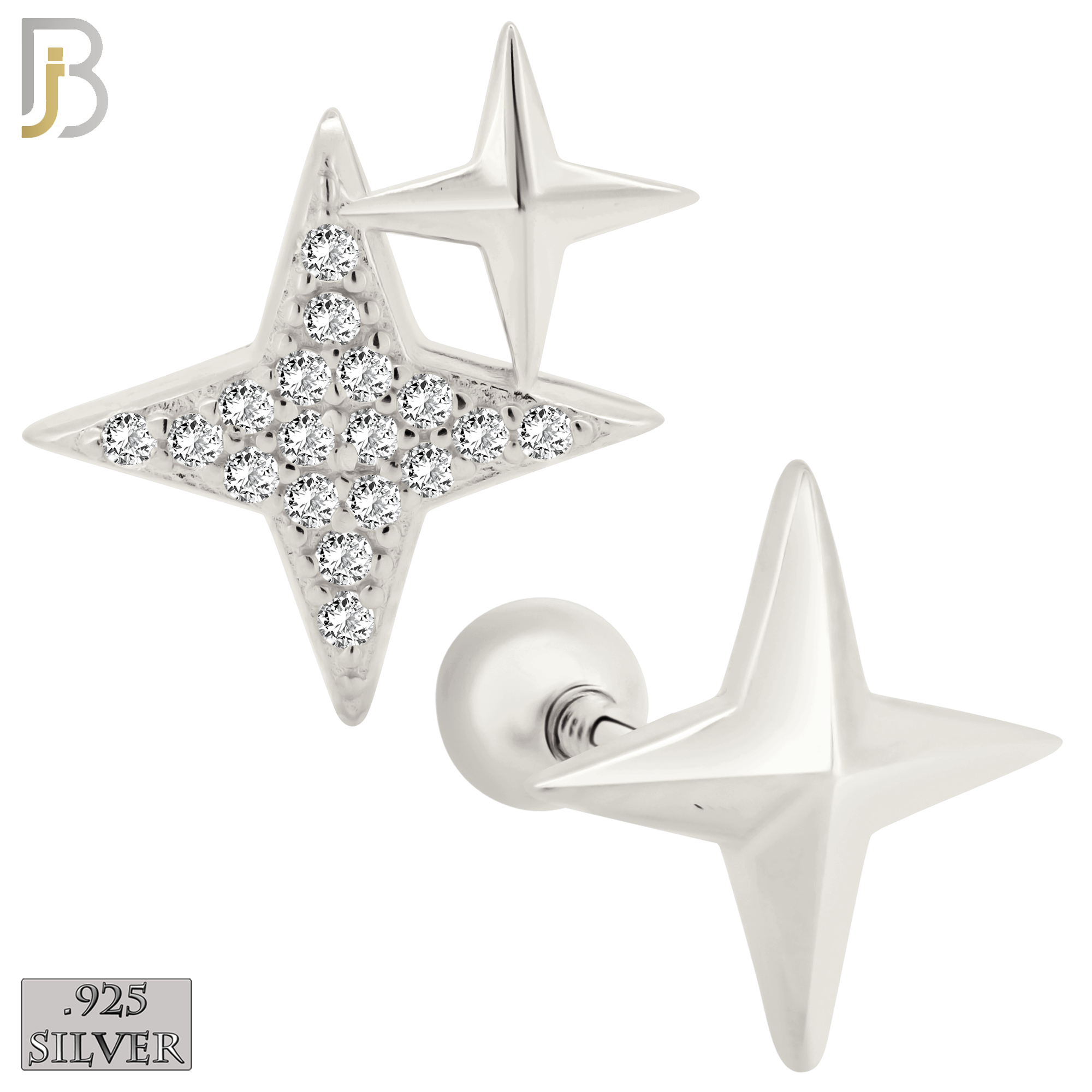 925-ES370 - Screw Ball Back - .925 Sterling Silver Four Point Star Mismatched Stud Earrings image 1