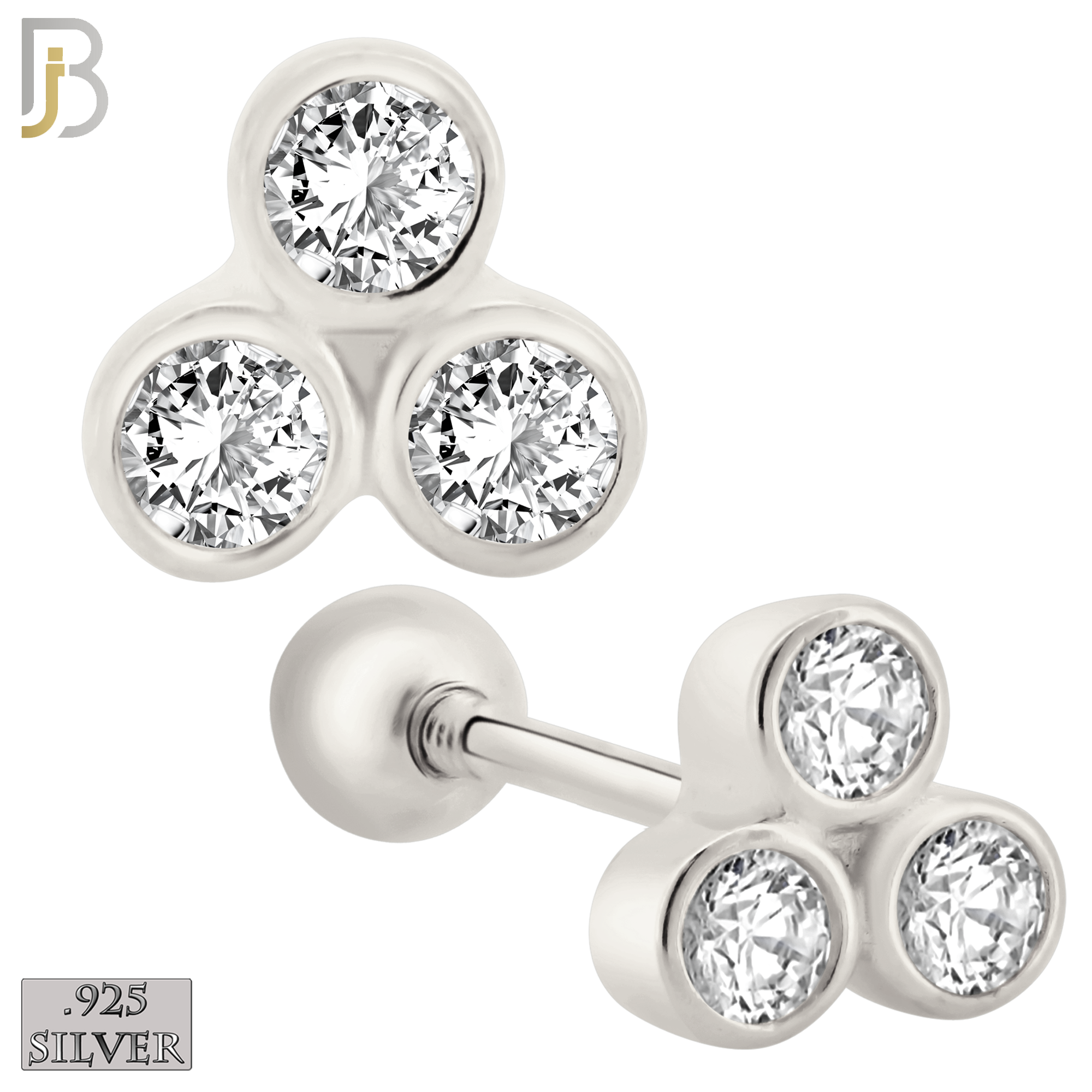 925-ES418 - Screw Ball Back - 925 Sterling Silver Three Bezel Set Round CZ in Triangle Stud Earrings image 0