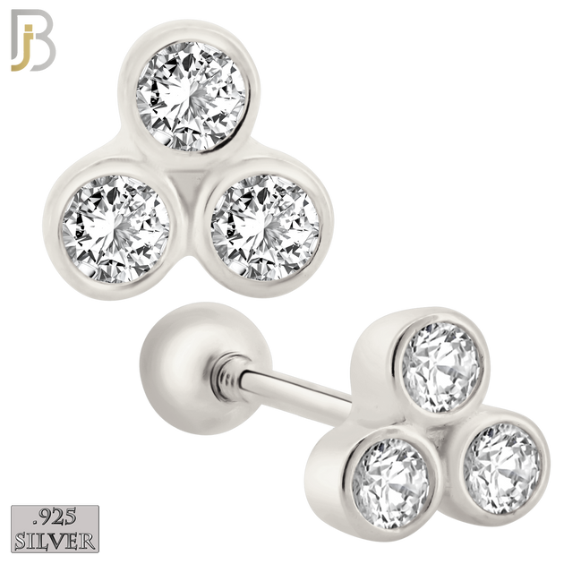 925-ES418 - Screw Ball Back - 925 Sterling Silver Three Bezel Set Round CZ in Triangle Stud Earrings image 0