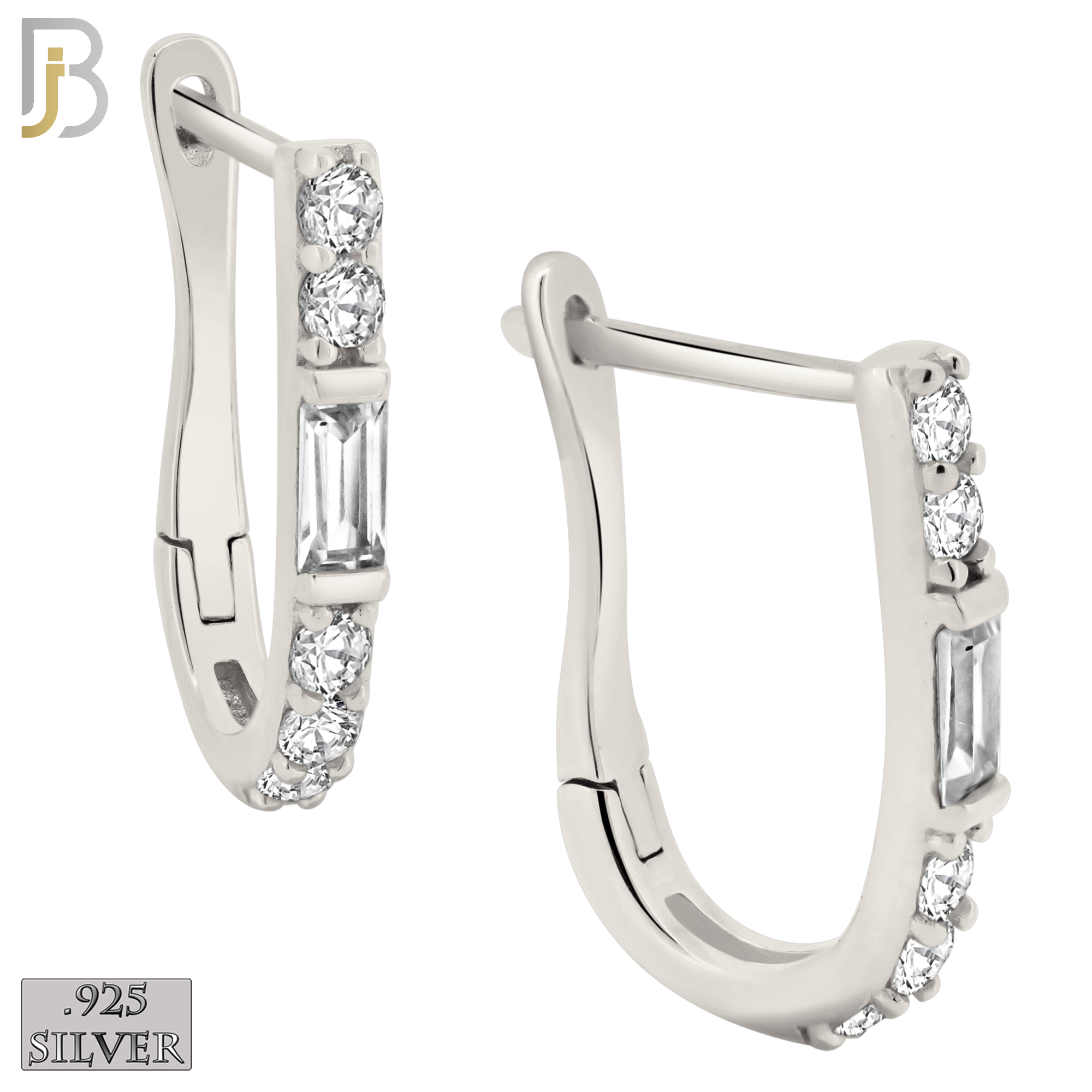 925-ES395 - .925 Sterling Silver Round and Baguette CZ Studded Hoop Earrings image 0