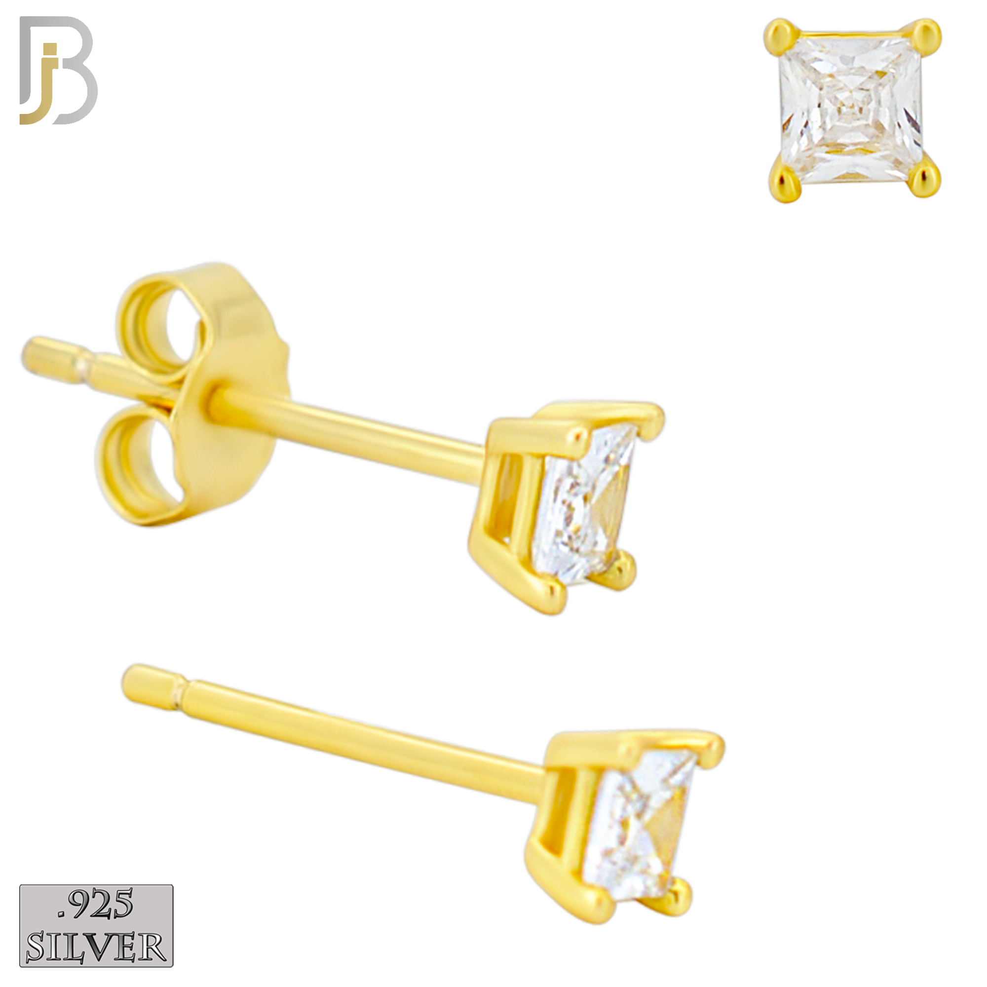 925-ES72-GC - .925 Sterling Silver Gold Plated Earring Stud Casting Square Princess Cut Prong Setting Clear Zircon image 2
