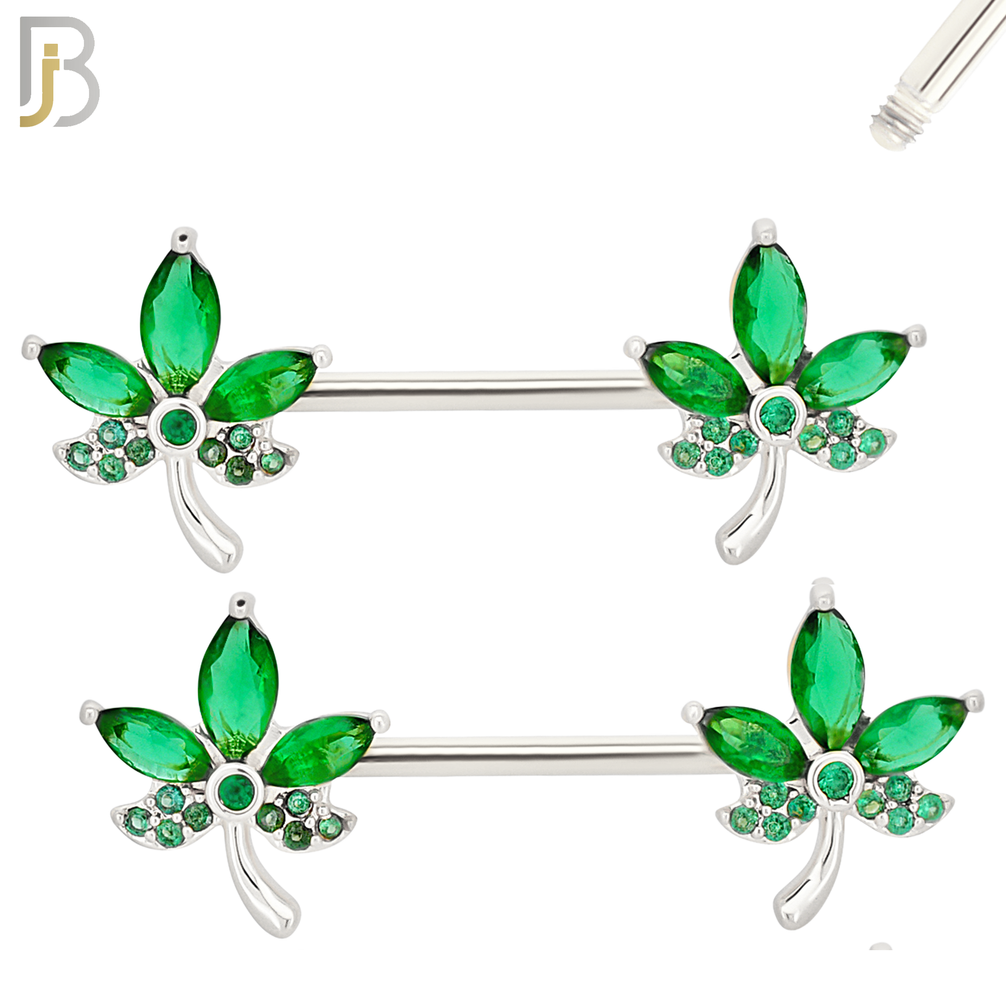 NP63- 316L Surgical Steel Leaf with CZ Design Externally Threaded Nipple Rings (Sold as Pair) image 3