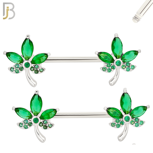 NP63- 316L Surgical Steel Leaf with CZ Design Externally Threaded Nipple Rings (Sold as Pair) image 3