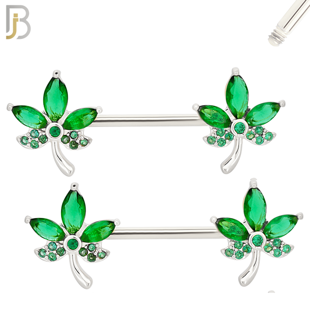 NP63- 316L Surgical Steel Leaf with CZ Design Externally Threaded Nipple Rings (Sold as Pair) image 3