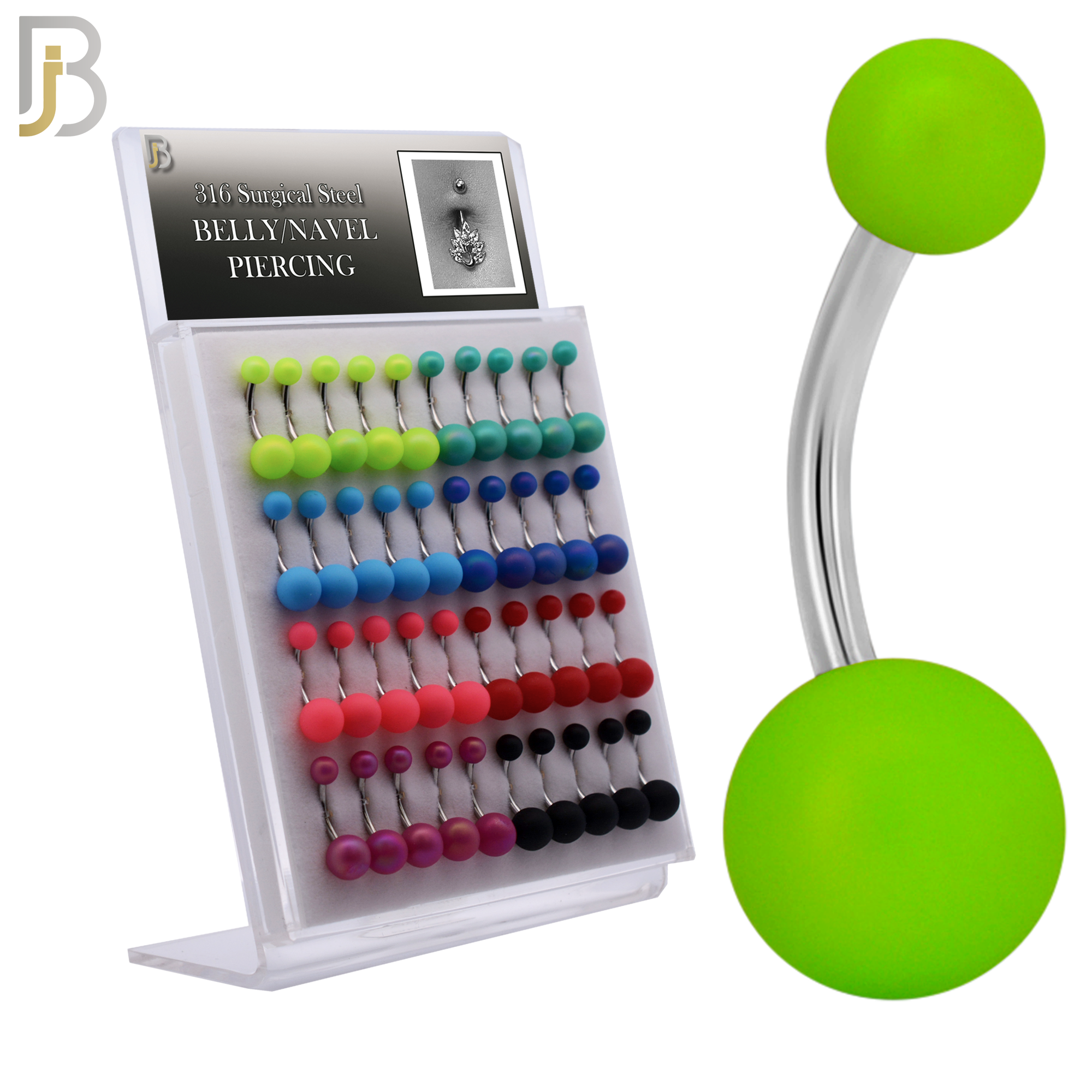 PK-NB102 - 316L Surgical Steel Different Color Balls Designs Banana Belly Ring Pack of 40 image 0