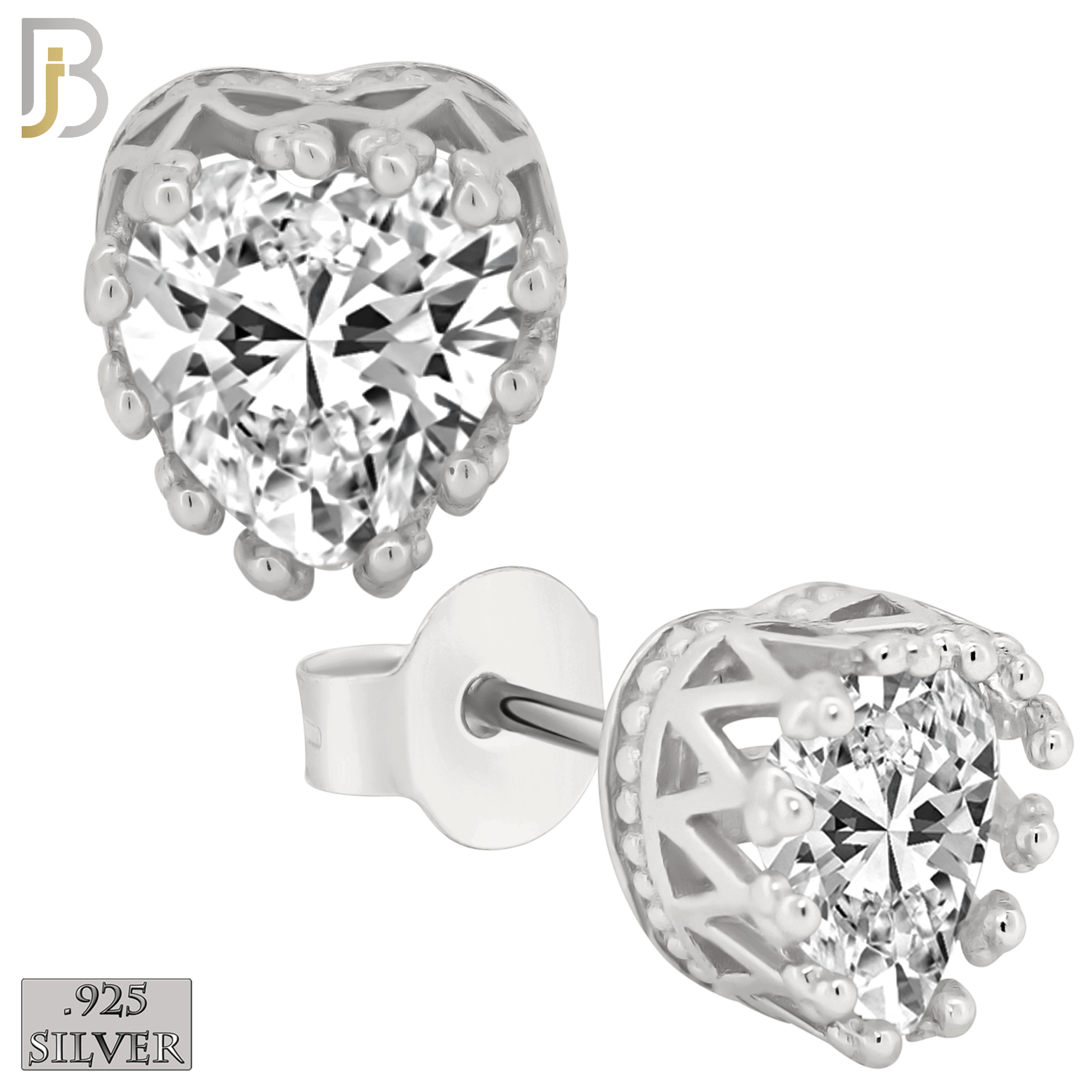 925-ES64 - .925 Sterling Silver Heart Crown Design  Prong Zircon Earring Stud image 1
