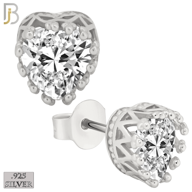 925-ES64 - .925 Sterling Silver Heart Crown Design  Prong Zircon Earring Stud image 1