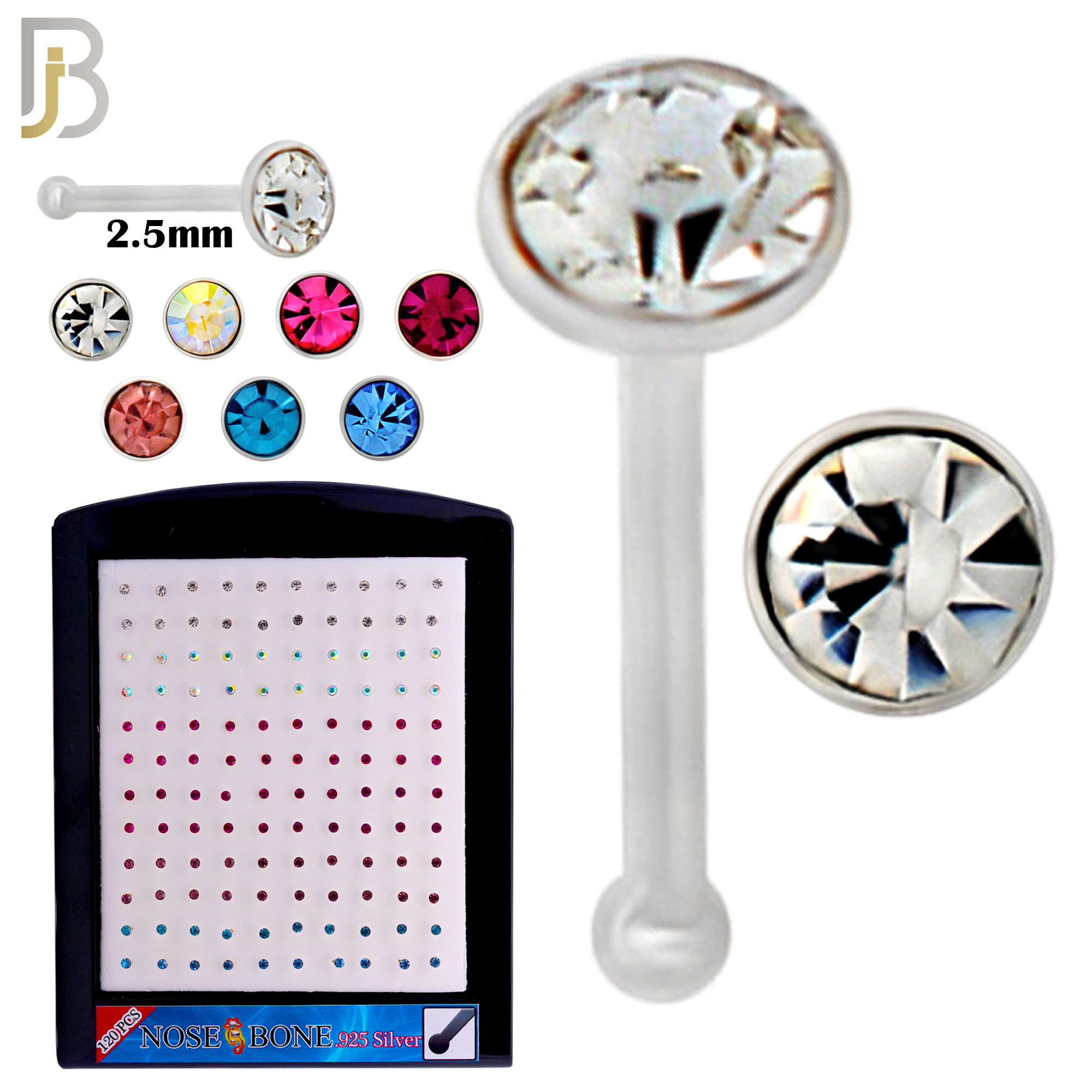925-PK-NR04S-1A - 2.5mm Assorted CZ 22g Thickness 925 Sterling Silver Nose Bones Press Fit, Packages Pack of 120 image 1