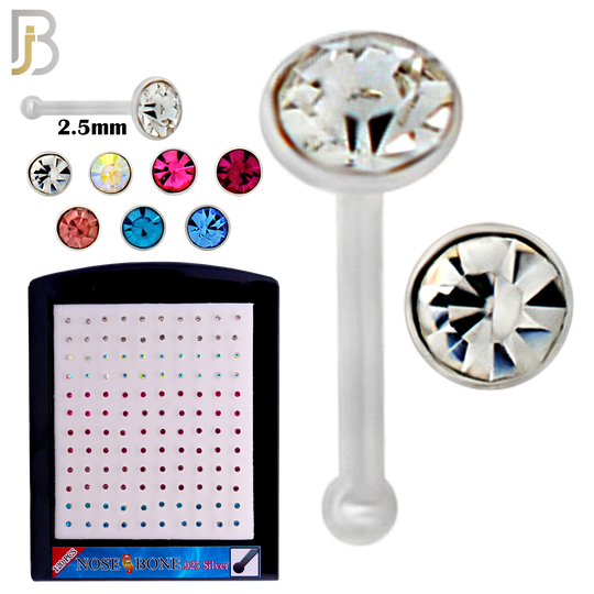 925-PK-NR04S-1A - 2.5mm Assorted CZ 22g Thickness 925 Sterling Silver Nose Bones Press Fit, Packages Pack of 120 image 1