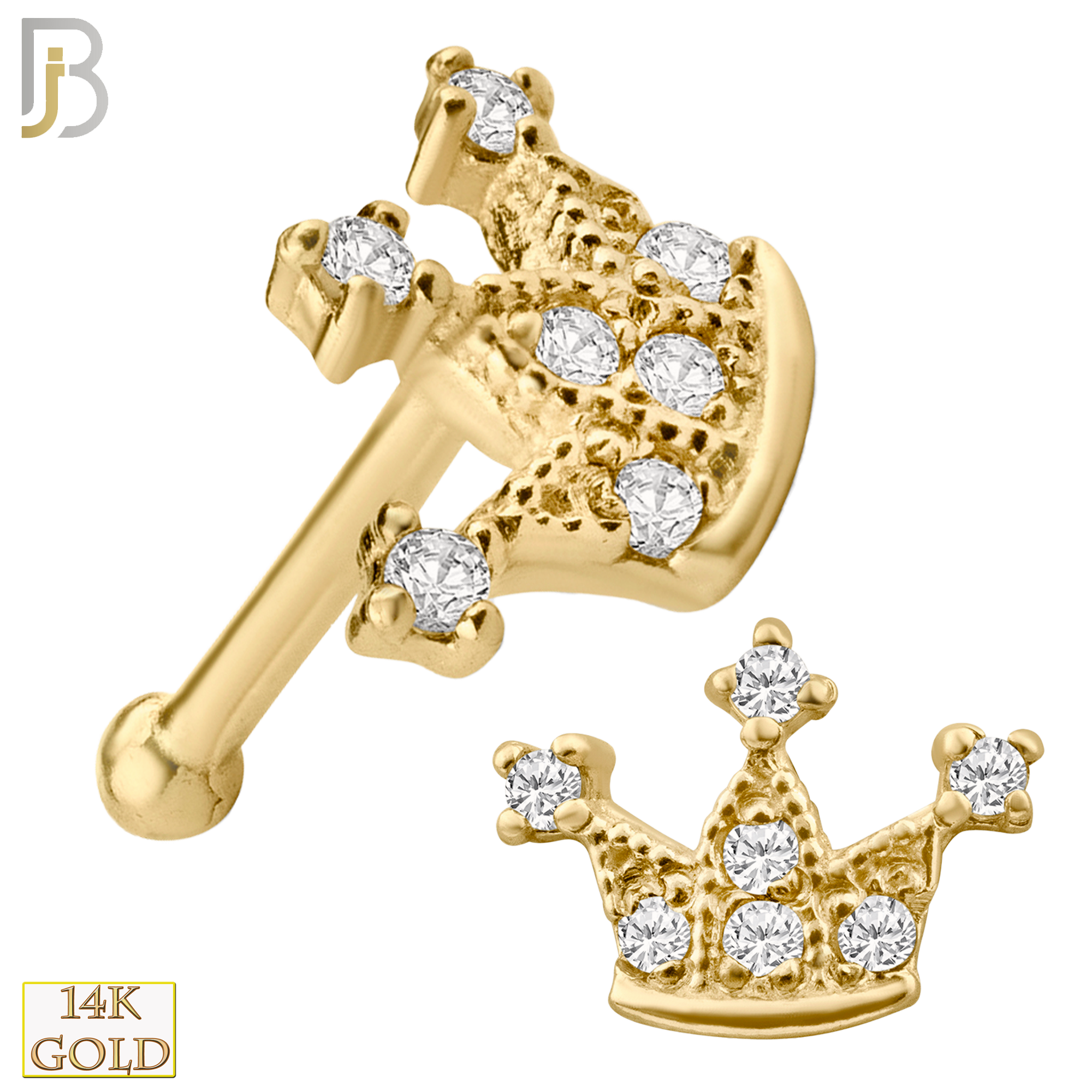 14-NR29 - 14k Solid Gold Nose Bone Crown Design with Zircon - Yellow Gold image