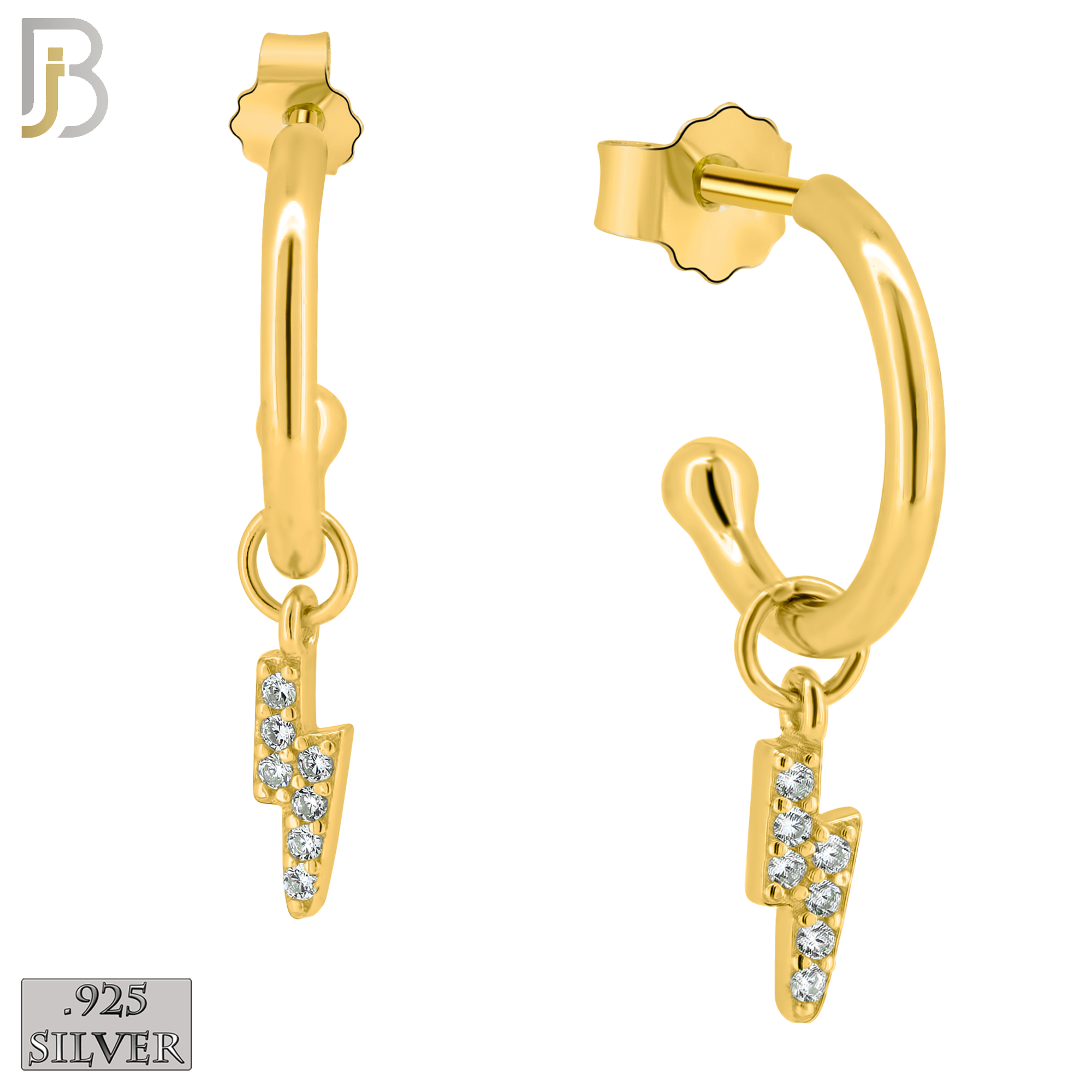 925-ES188 - .925 Sterling Silver Dangling Lightning Bolt  Half Hoop Earring  with Zircon Design Push Backing image 2