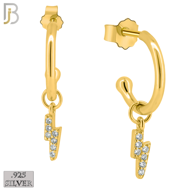 925-ES188 - .925 Sterling Silver Dangling Lightning Bolt  Half Hoop Earring  with Zircon Design Push Backing image 2