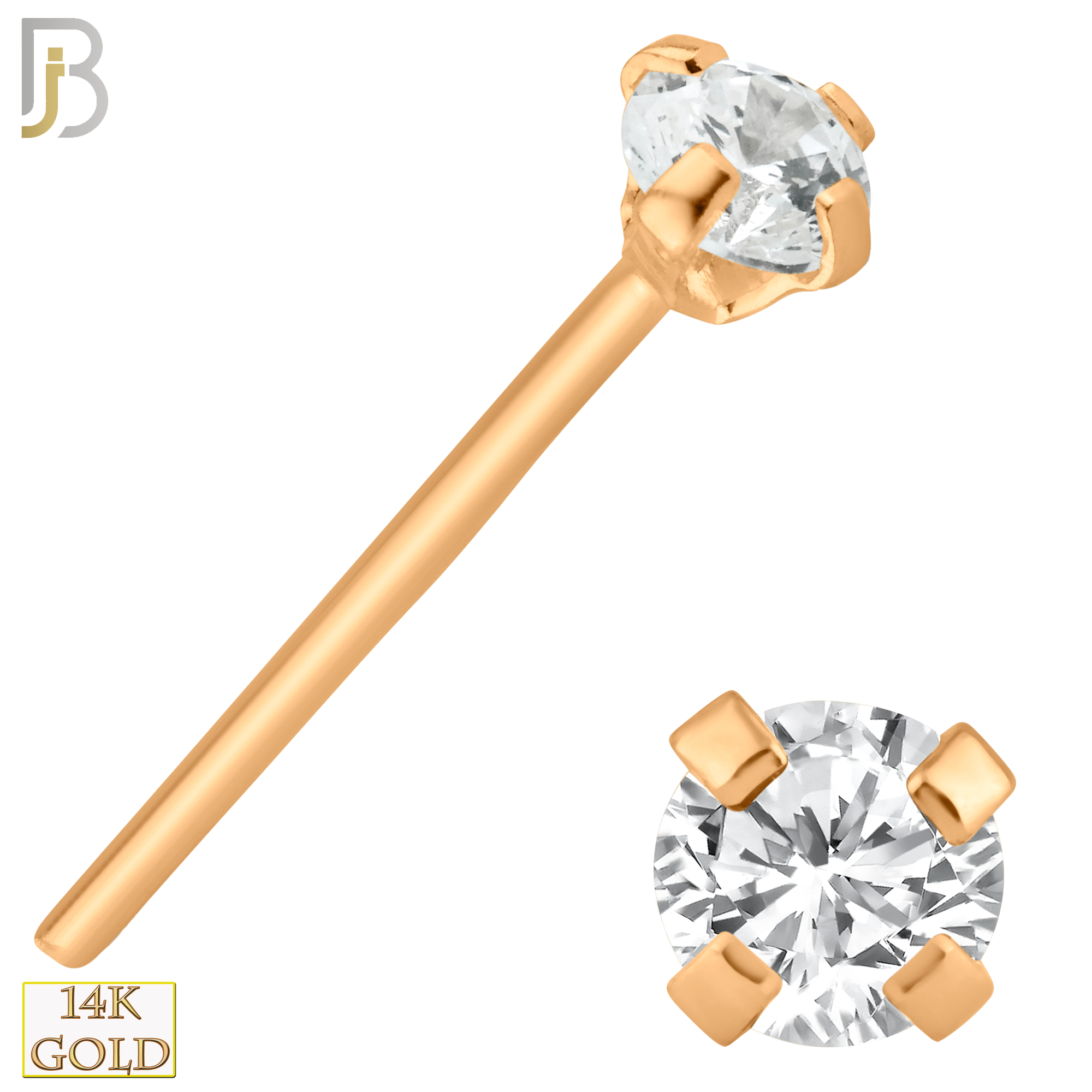14-NR02CR-22 - 14k Solid Rose Gold 22g Prong Setting  Round Cubic Zircona Nose Stud Bend-it Yourself, Nose Straight  - 2.5mm image