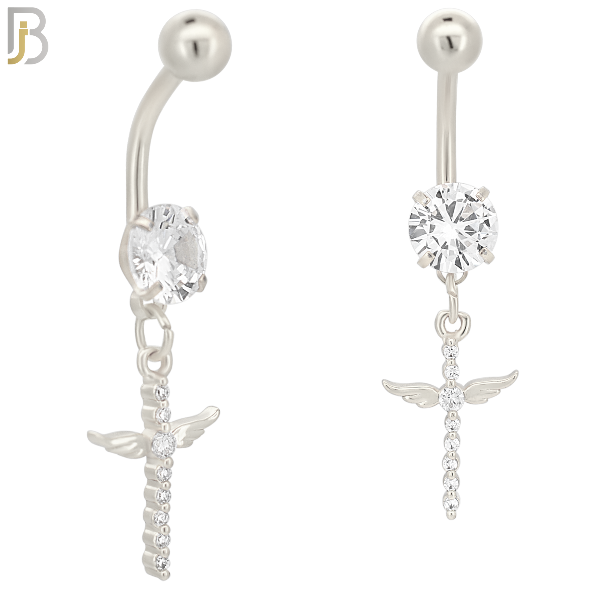 N048 - 316L Stainless Steel Dangling Cross Angel Wing with Zircon Design Belly Ring with 5mm Screw Ball image 1