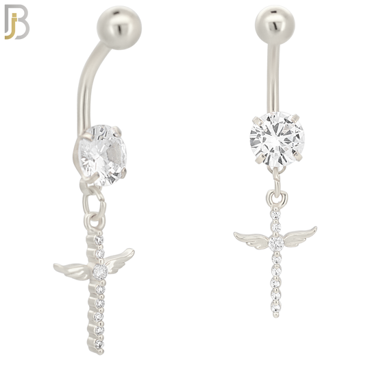 N048 - 316L Stainless Steel Dangling Cross Angel Wing with Zircon Design Belly Ring with 5mm Screw Ball image 1