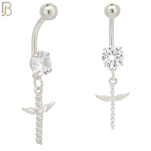 N048 - 316L Stainless Steel Dangling Cross Angel Wing with Zircon Design Belly Ring with 5mm Screw Ball image 1
