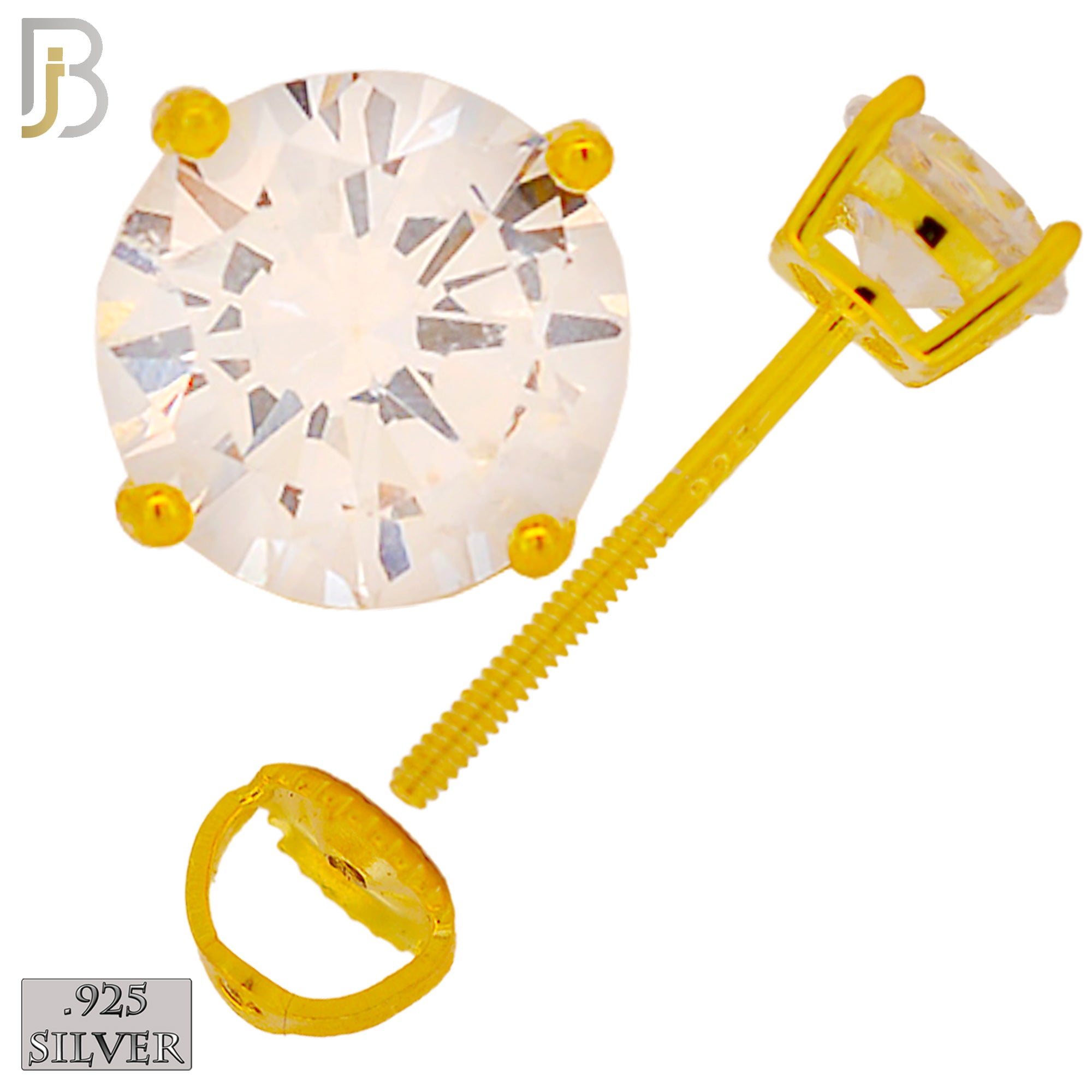 925-ES79-GC - .925 Sterling Silver Push Butterfly Screw Back Stud Earrings Casting Prong Setting with Round Clear Zircon - 8mm image