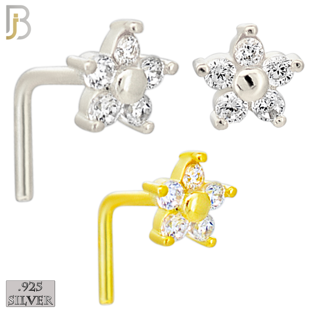 925-NR31LGSC - 925 Sterling Silver 5 Petal Flower with CZ L Shape Nose Ring (Pack of 6) - Rhodium Plated and Yellow Gold Plated image