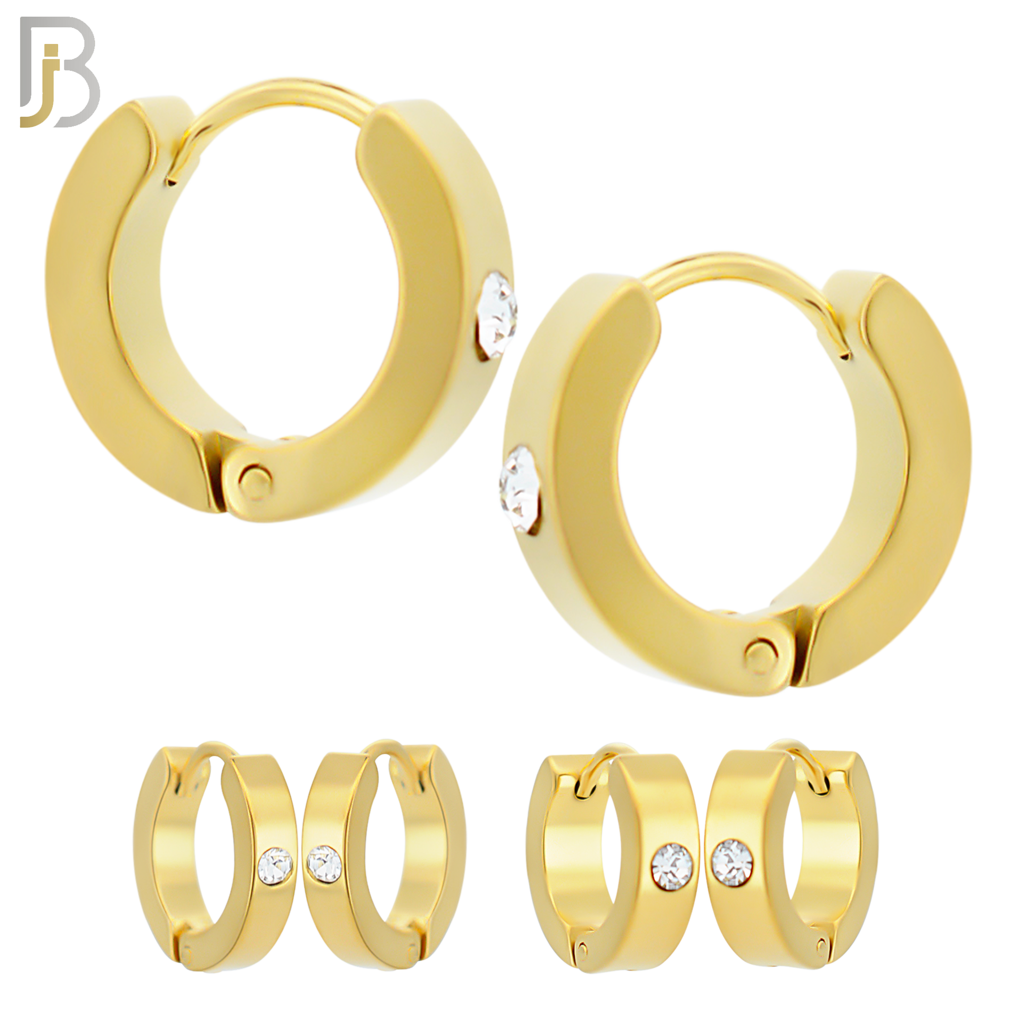 ES116G - 316L Gold Plated Stainless Steel Plain Huggies with Single Zircon Clip On image 0