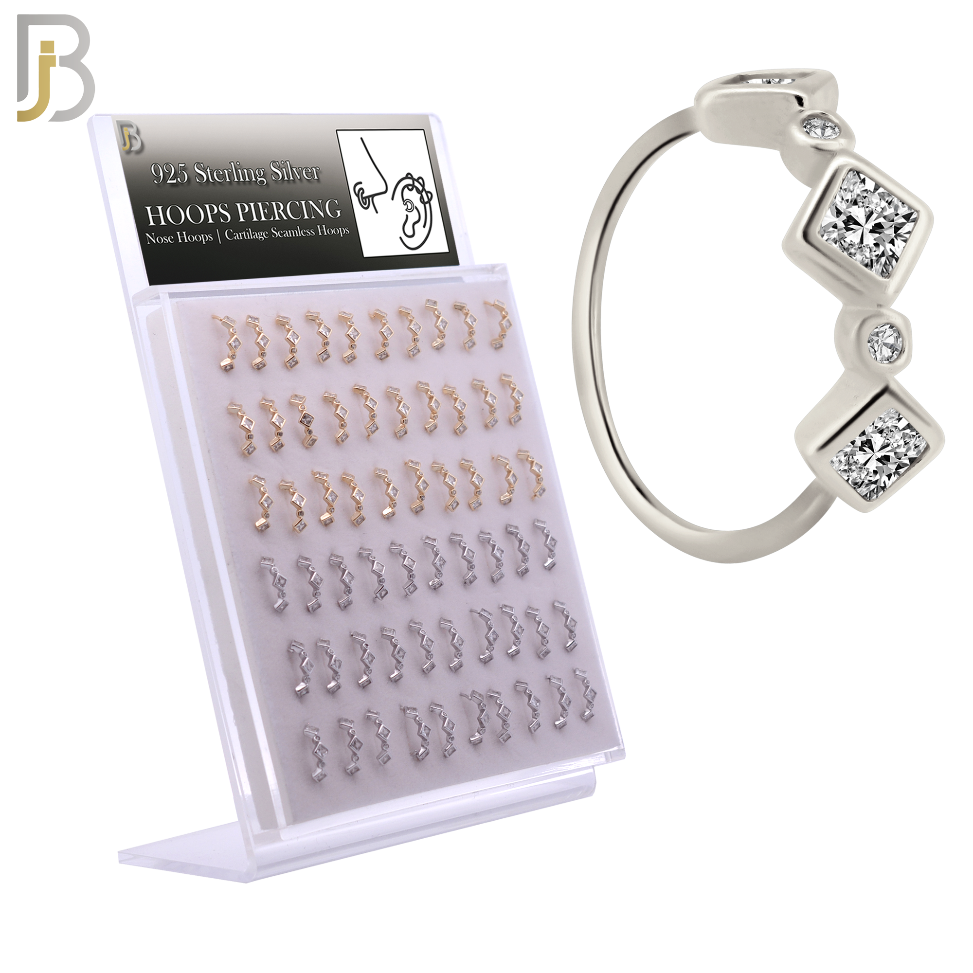 925-PK-CT104M - 925 Sterling Silver Alternating Square & Round CZ in Bezel Set Nose Hoop - Pack of 60 pcs image 0