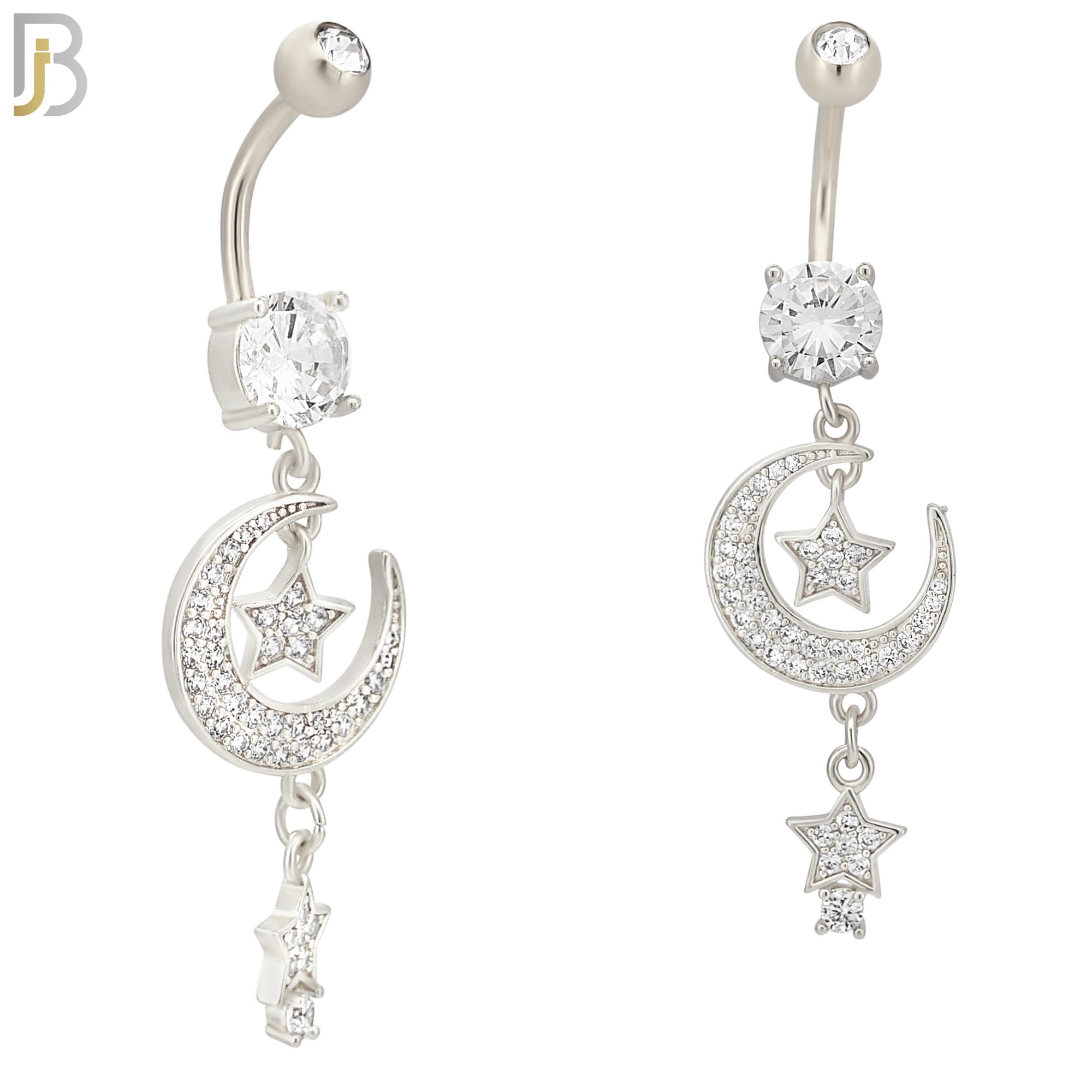 N0101  - 316L Stainless Steel Round Zircon with Dangling Moon and Stars with Zircon Belly Ring image 1