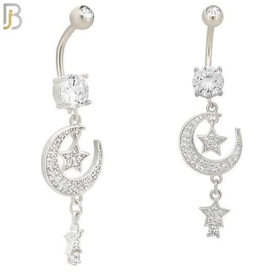 N0101  - 316L Stainless Steel Round Zircon with Dangling Moon and Stars with Zircon Belly Ring image 1