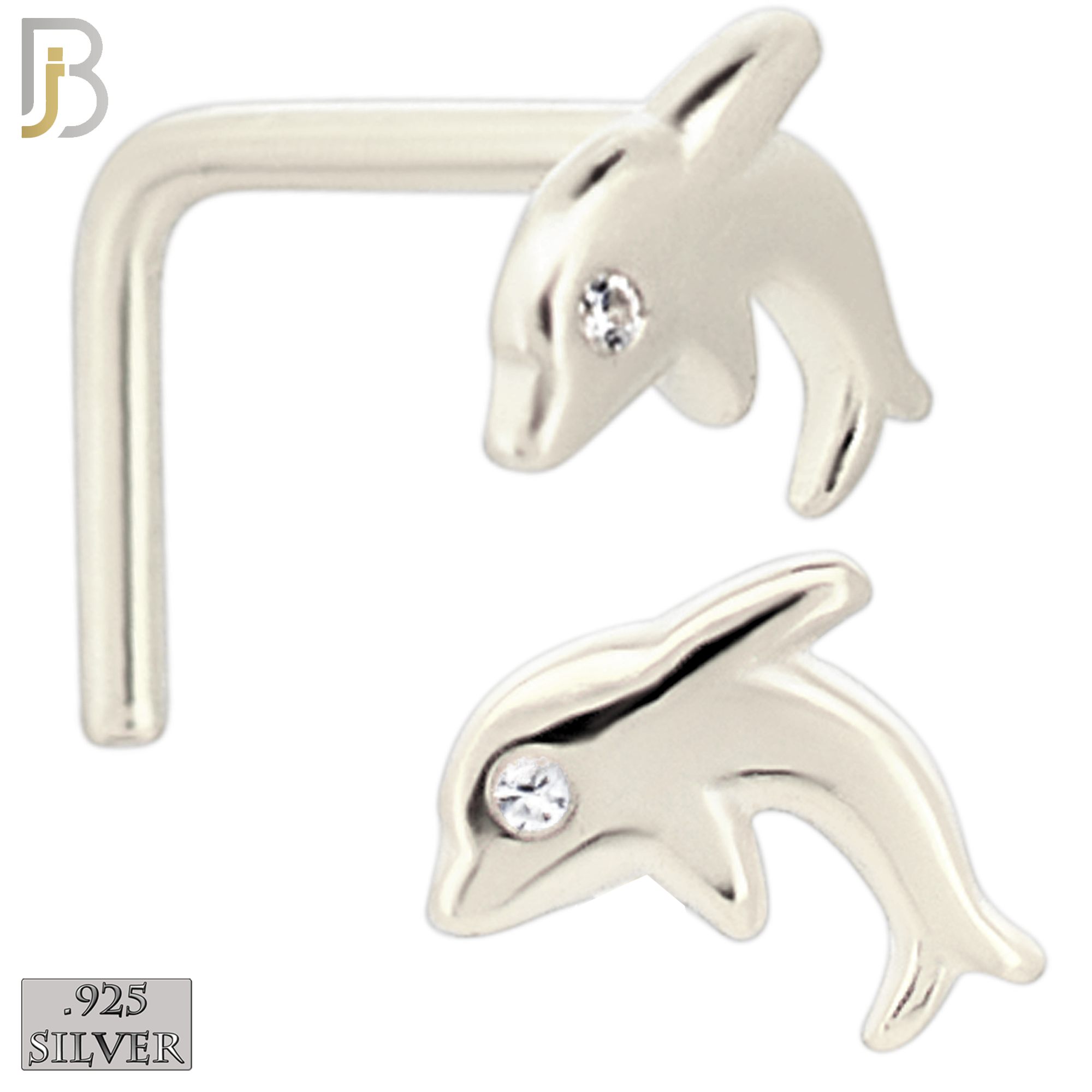 925-NR17LGSC - 925 Sterling Silver Dolphin with CZ L Shape Nose Ring (Pack of 6) image 1