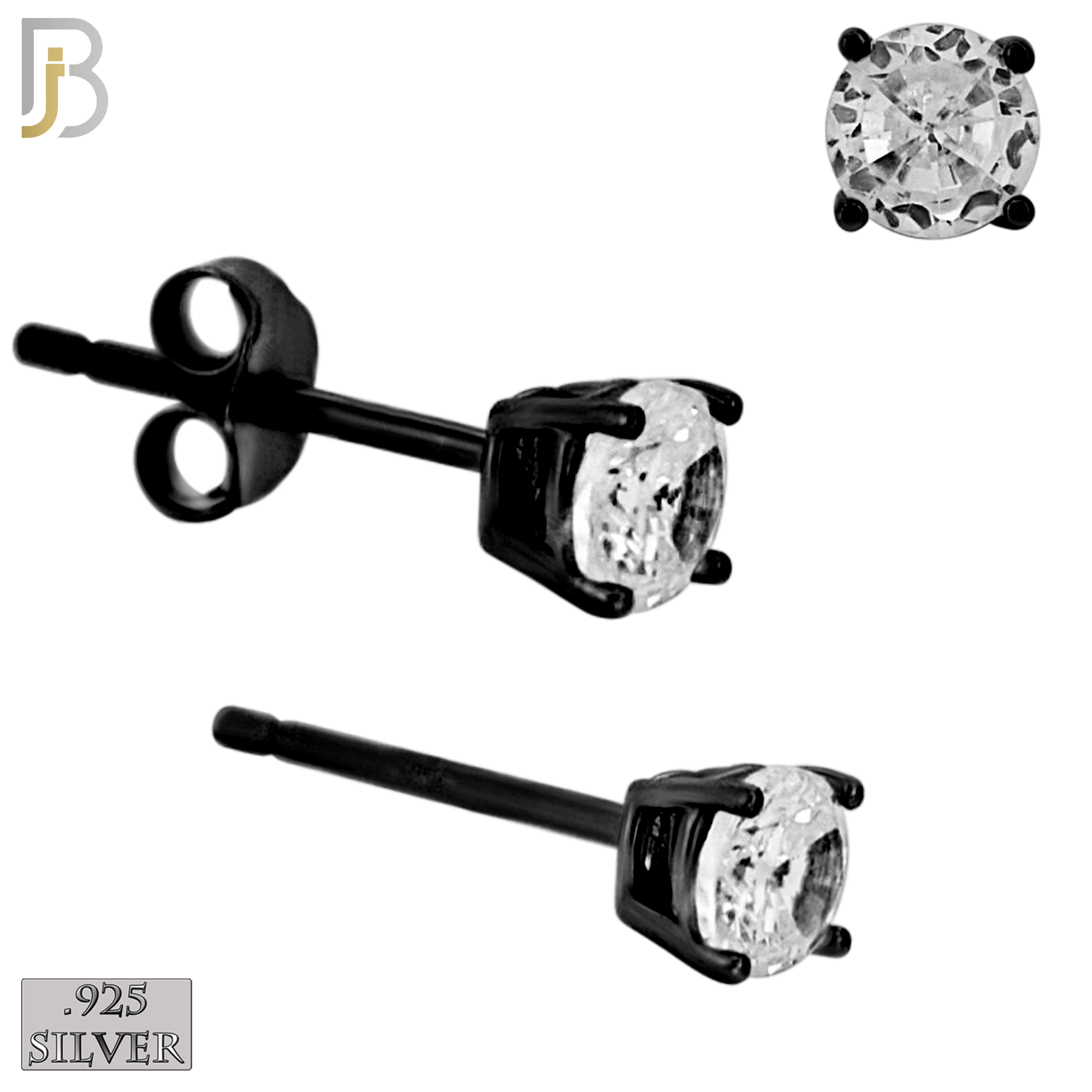 925-ES71-KC - .925 Sterling Silver Black Plated Earring Stud Casting Round Prong Setting Clear Zircon image 3