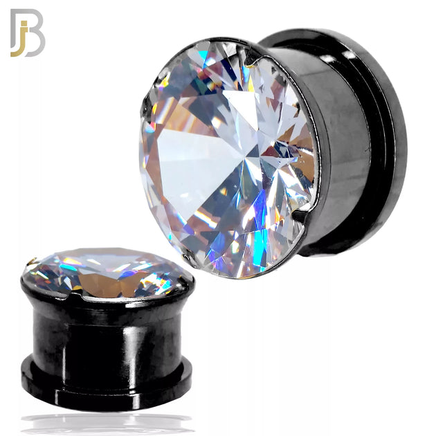 PL17KC - Black Plated Surgical Steel Clear Round Prong Setting Zircon Screw On Plugs image 0
