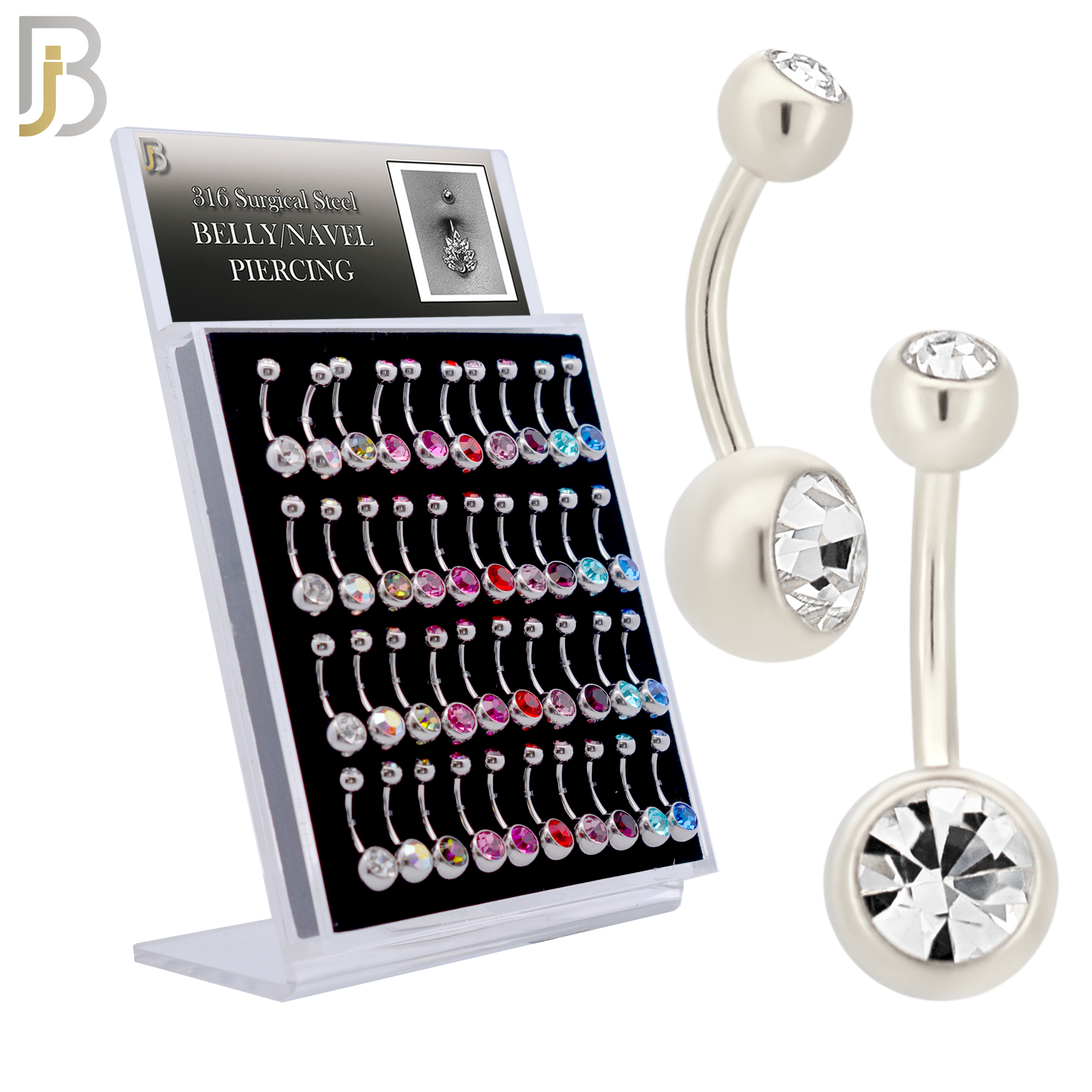PK-NB01BSA - 316L Surgical Steel Bezel Setting Zircon Ball Banana Belly Ring Pack of 40 image 0