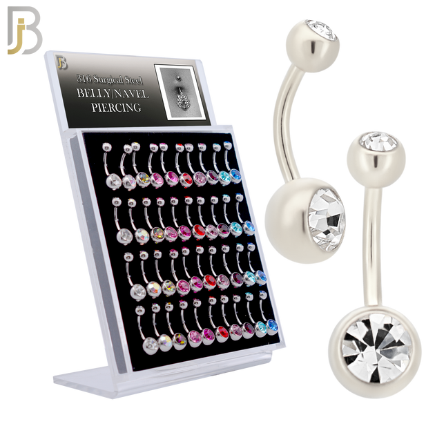 PK-NB01BSA - 316L Surgical Steel Bezel Setting Zircon Ball Banana Belly Ring Pack of 40 image 0