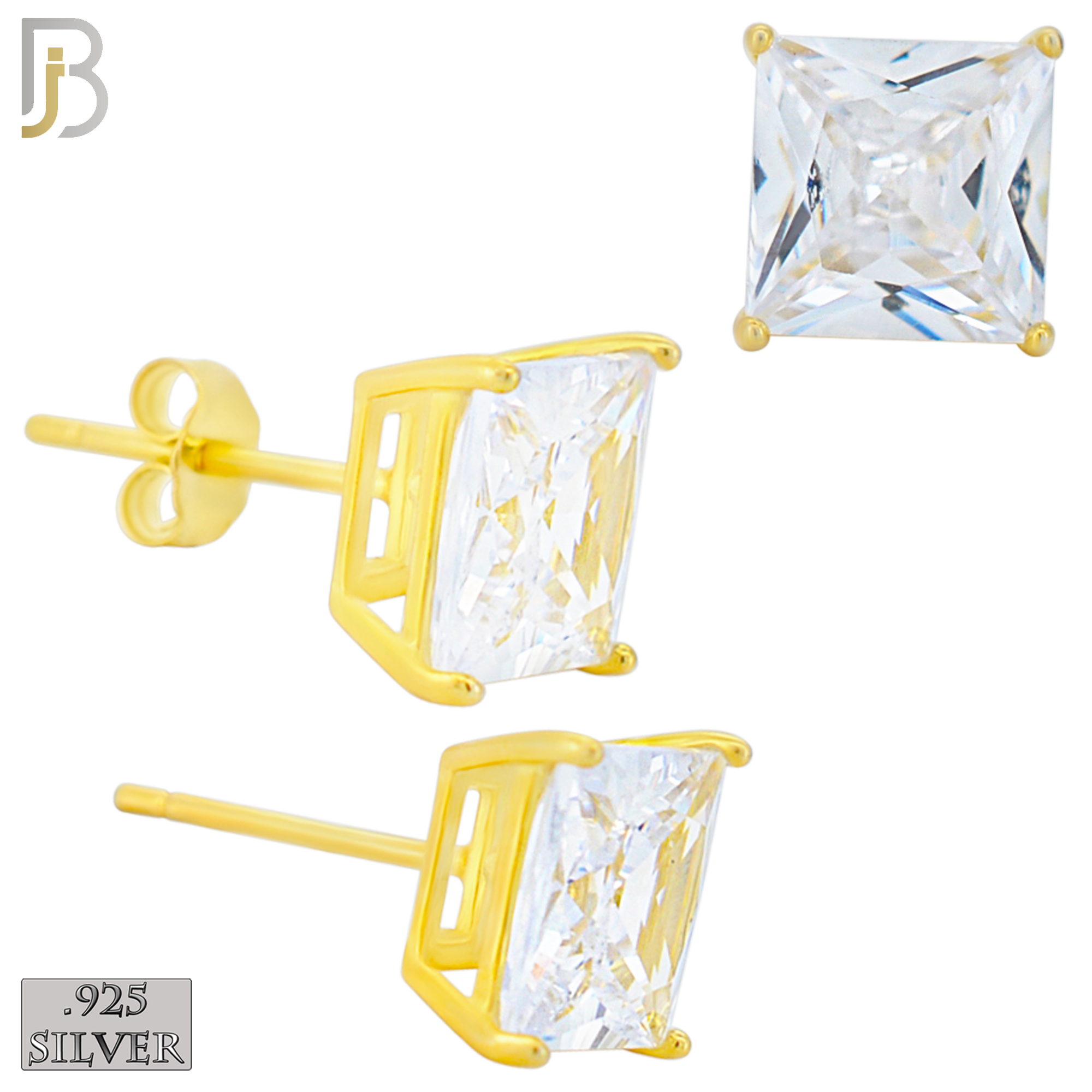 925-ES72-GC - .925 Sterling Silver Gold Plated Earring Stud Casting Square Princess Cut Prong Setting Clear Zircon image 7