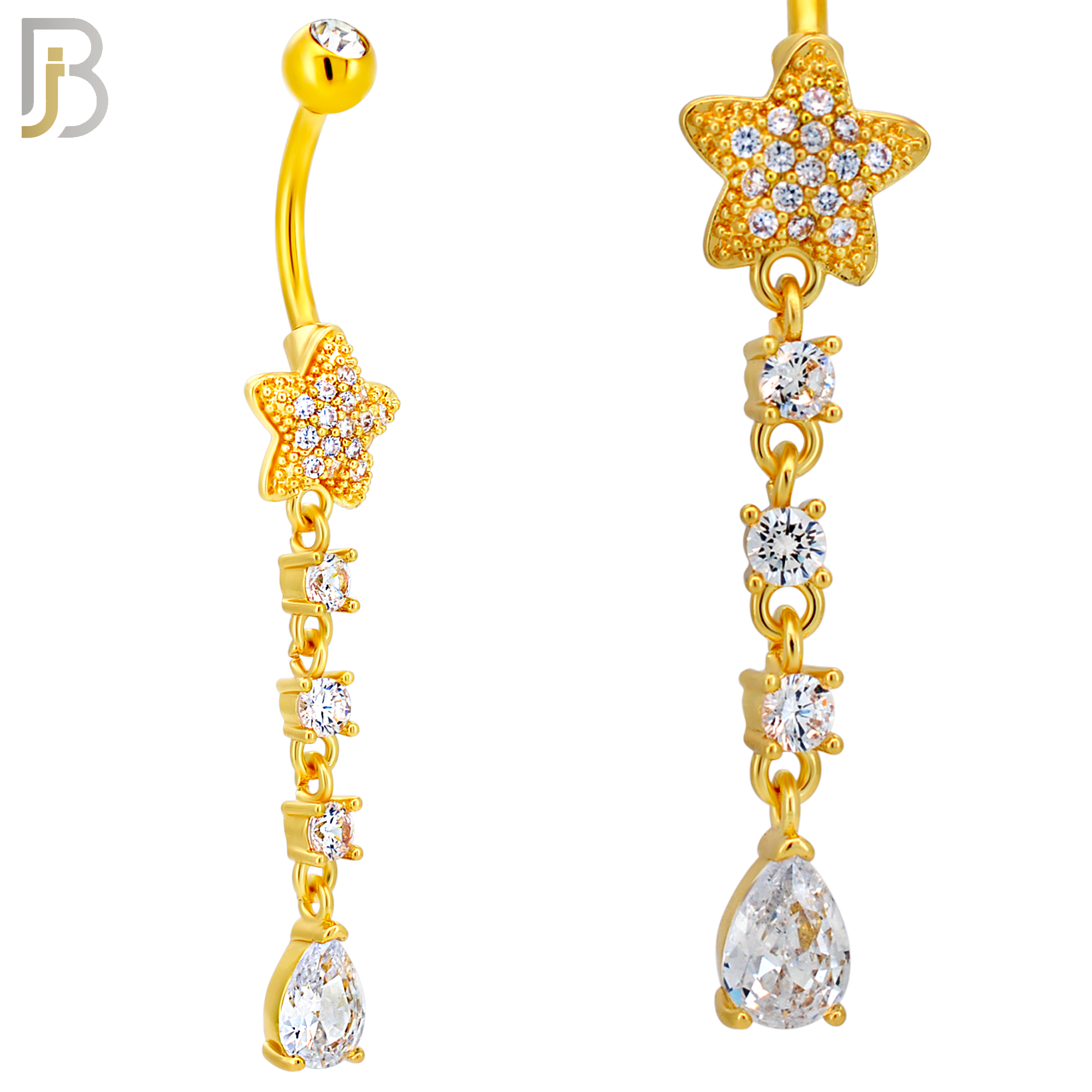 N0150 - 316L Surgical Steel Star CZ Studded Belly Ring with Pear CZ Drop image 4