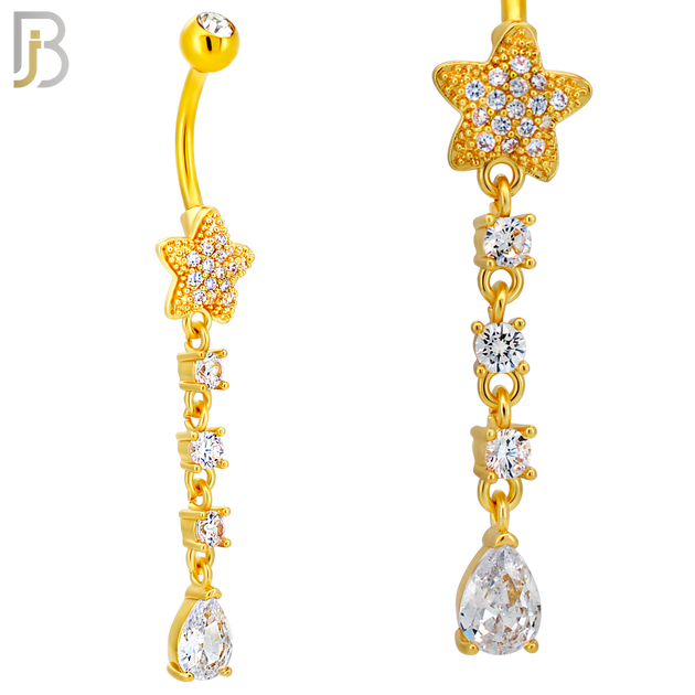 N0150 - 316L Surgical Steel Star CZ Studded Belly Ring with Pear CZ Drop image 4