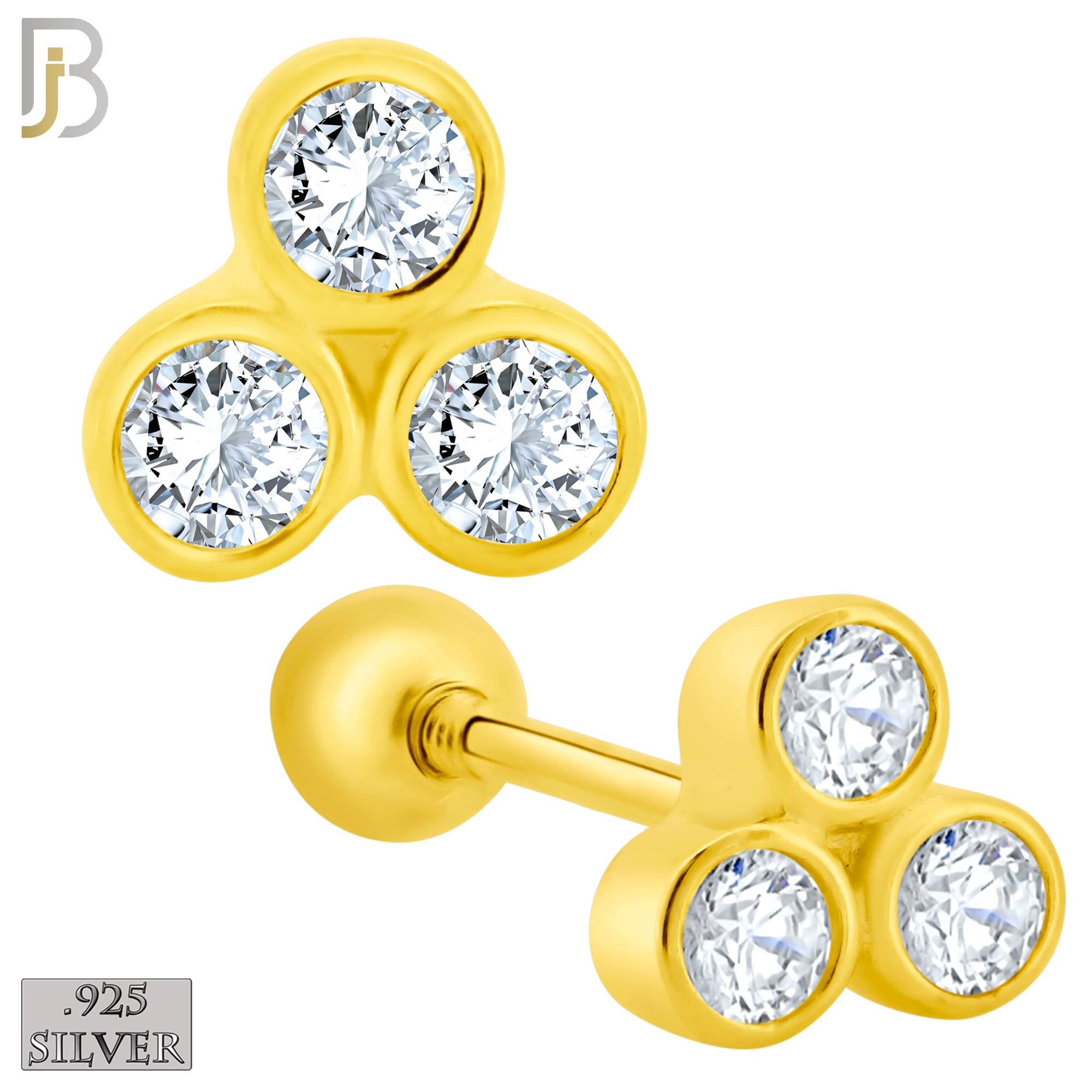 925-ES418 - Screw Ball Back - 925 Sterling Silver Three Bezel Set Round CZ in Triangle Stud Earrings image 1