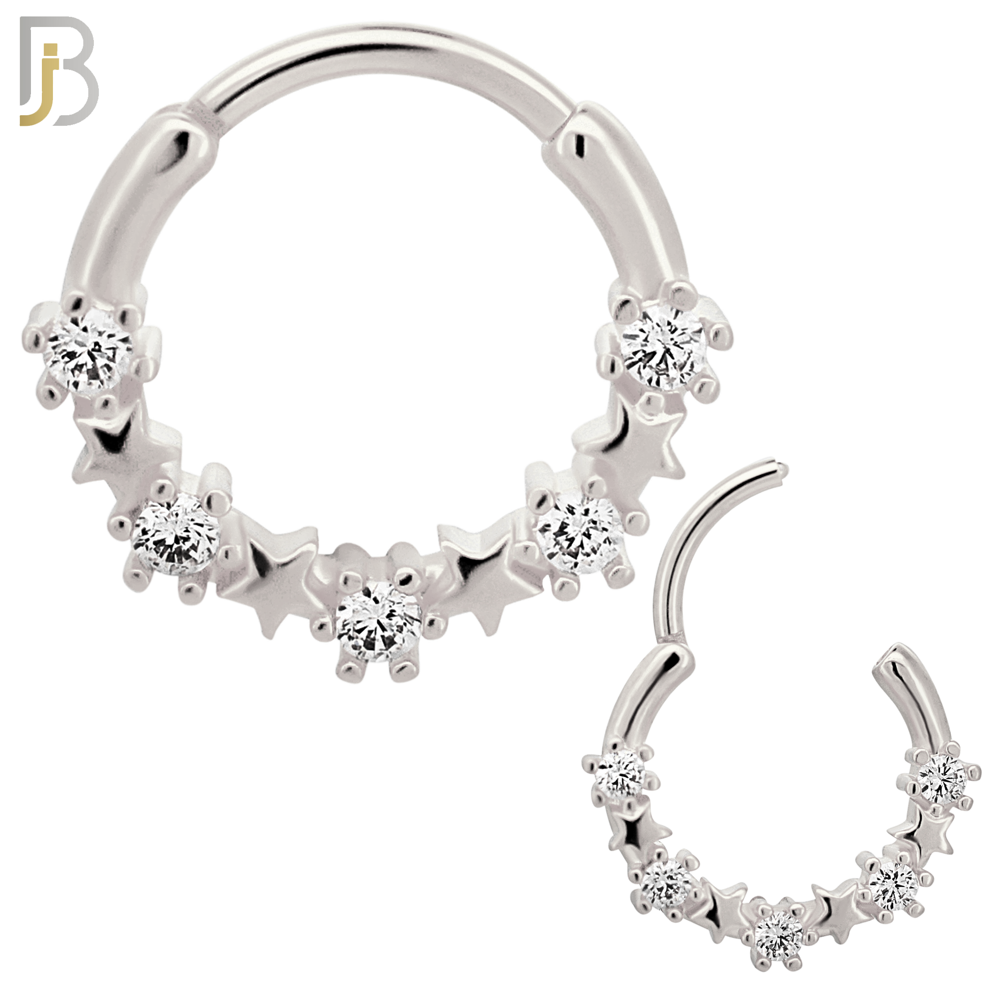 CT125 - 316 Surgical Steel Alternating Plain and CZ Stars Hinged Hoop   (Pack of 6) image 1
