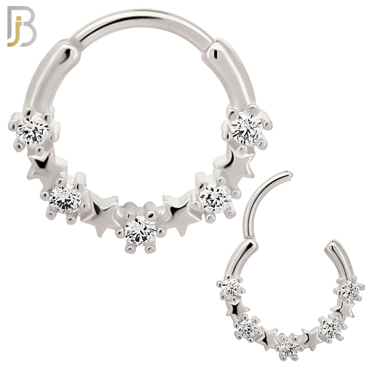 CT125 - 316 Surgical Steel Alternating Plain and CZ Stars Hinged Hoop   (Pack of 6) image 1