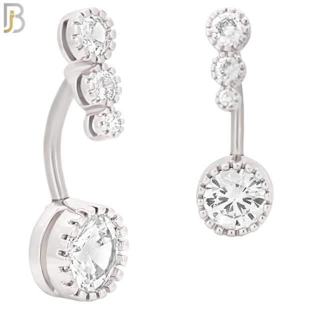 NB63 - 316L Stainless Steel Round Zircon Belly Ring with Triple Round CZ Tail image 1
