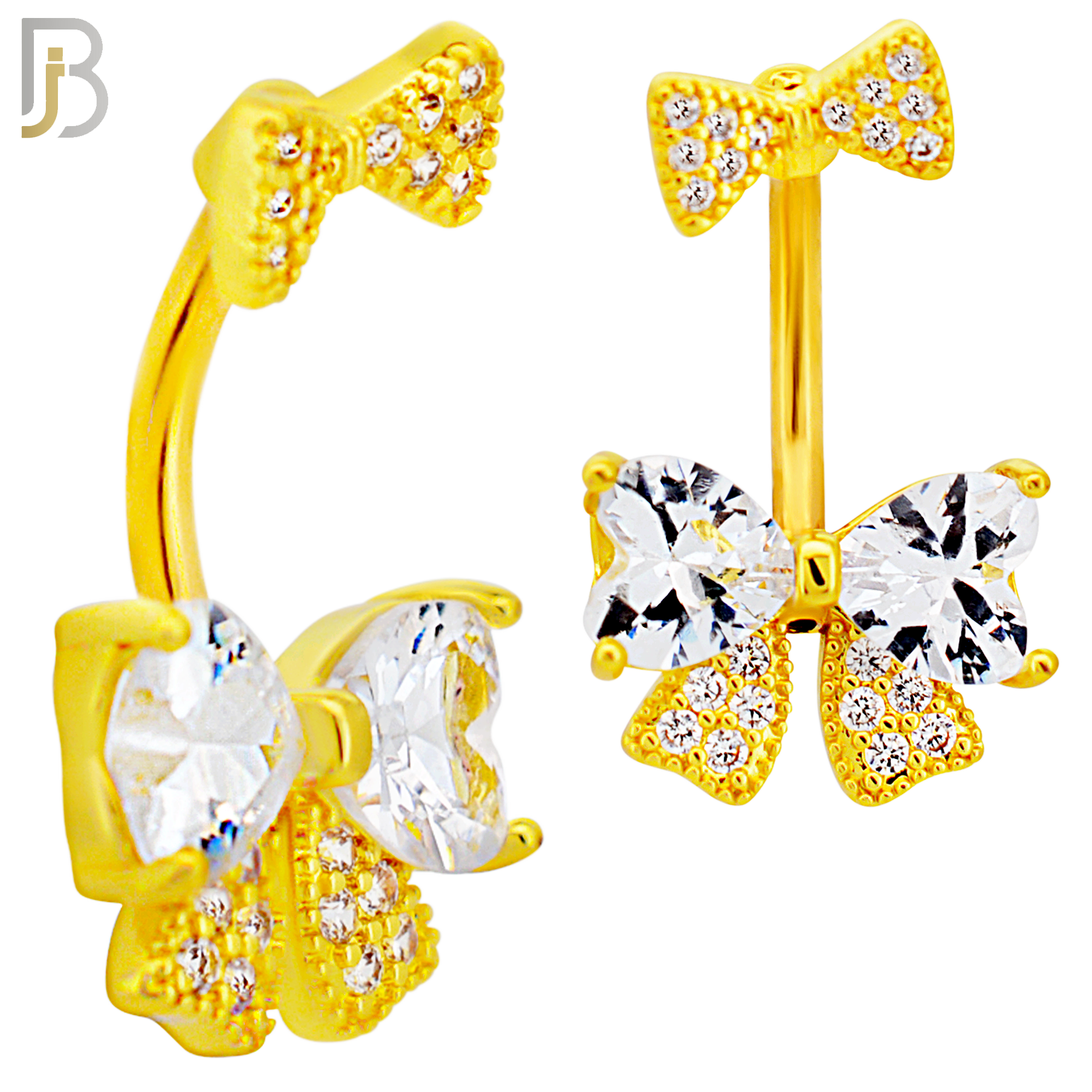 NB103 -  316L Surgical Steel Double Bow Tie with Heart Shaped CZ Center Belly Ring image 2