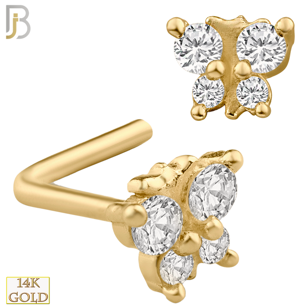 14-NR34L- 14k Solid Gold Butterfly Design with CZ L Shaped Nose Ring image 0