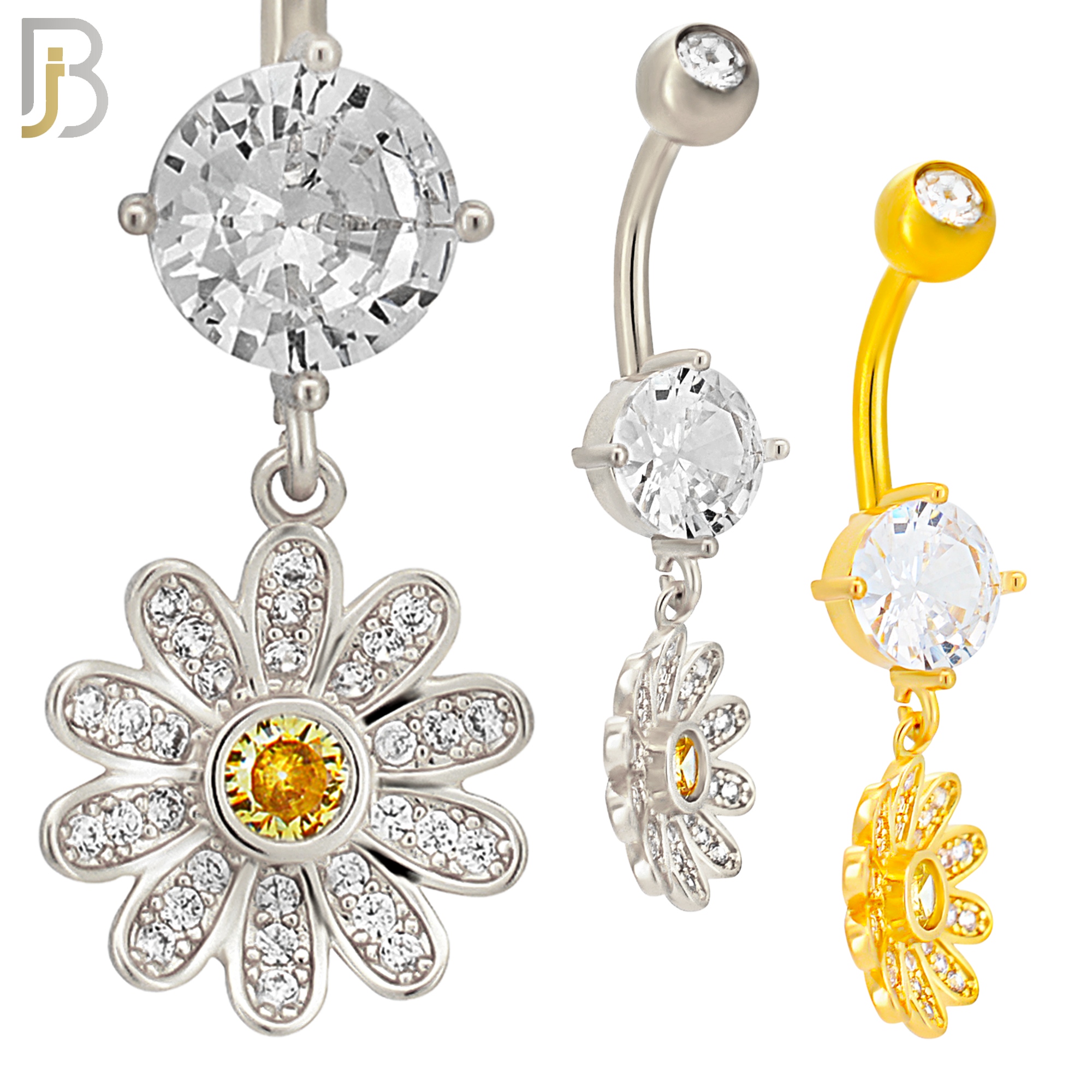 N0126 - 316L Stainless Steel Dangling Flower with Yellow Round Center Zircon Belly Ring image 0